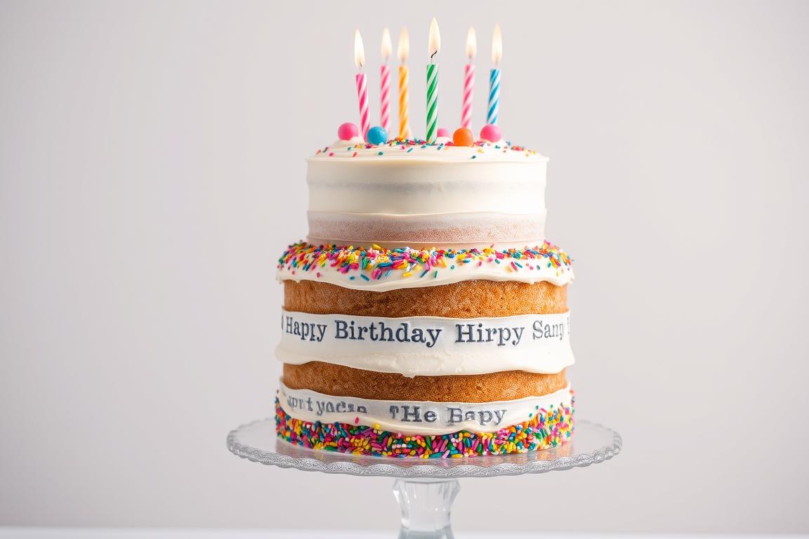 Gâteau anniversaire à étages avec glaçage et décorations festives
