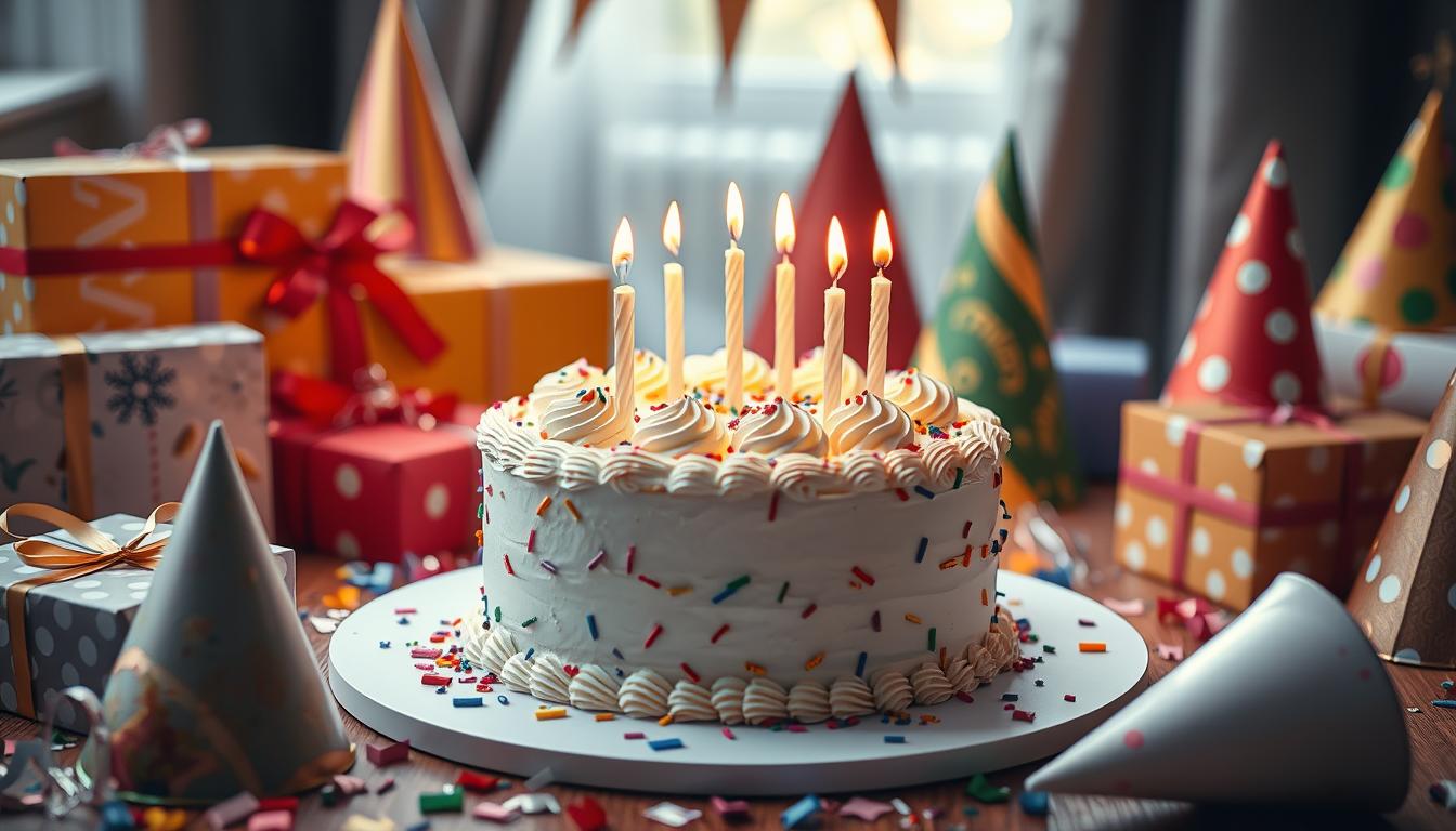 Gâteau anniversaire terminé entouré d'éléments festifs