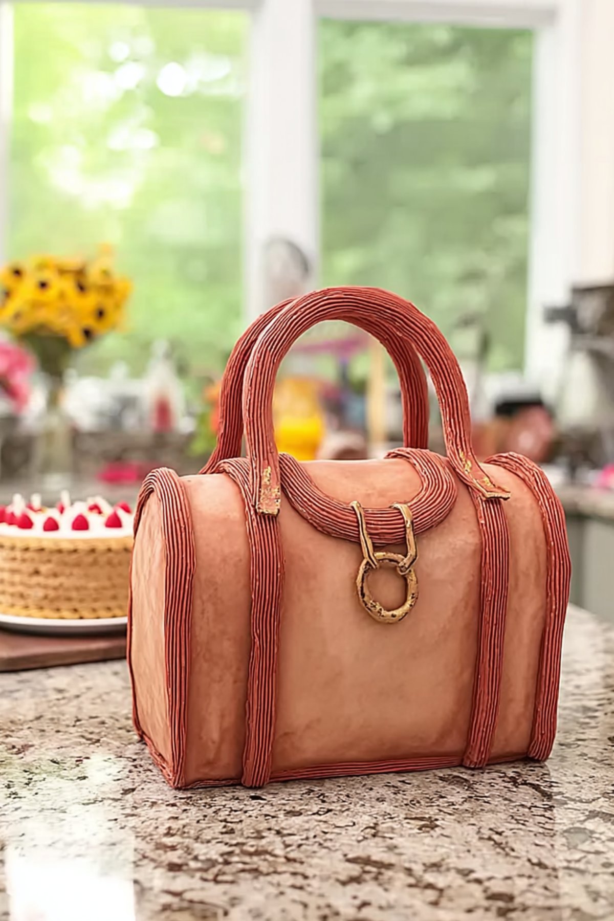 Photo d’un gâteau trompe-l’œil en forme de sac à main, décoré avec de la pâte à sucre marron et bordeaux, anses et boucles dorées, posé sur un plan de travail en cuisine.