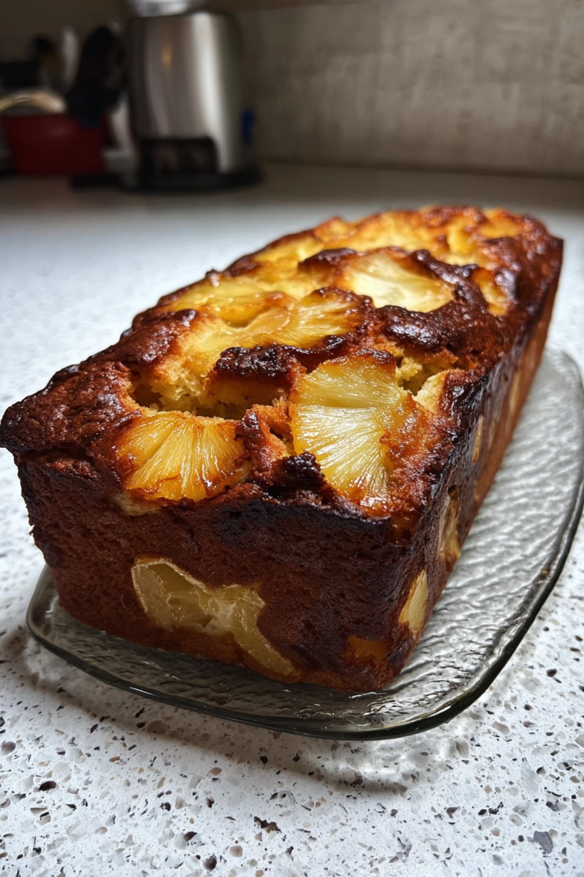 Photo d’un gâteau pommes ananas yaourt doré et moelleux, recette facile à base de yaourt nature, pommes et morceaux d’ananas caramélisés.