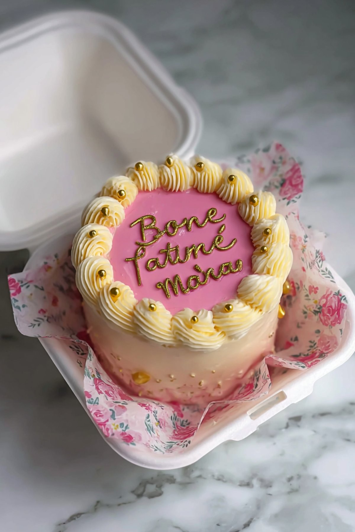 Bento cake génoise vanillée décoré dans une boîte à burger