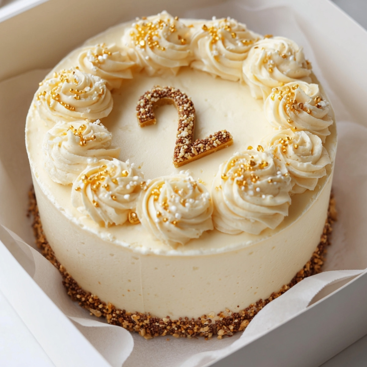Petit gâteau bento cake à la vanille avec glaçage blanc, décor doré et chiffre 2 en sucre.
