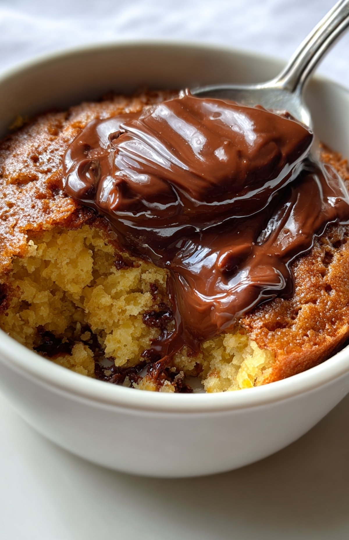 Bowl cake Nutella cuit avec cœur fondant au chocolat, servi chaud dans un bol