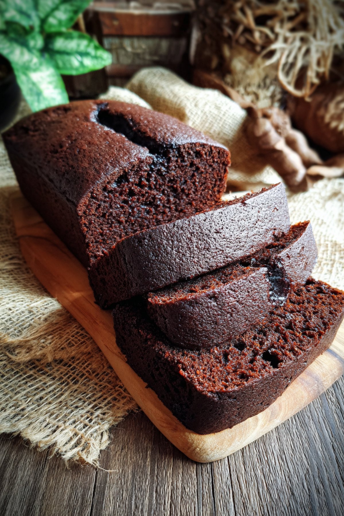 Cake au chocolat sans sucre, moelleux et découpé en tranches sur une planche en bois.