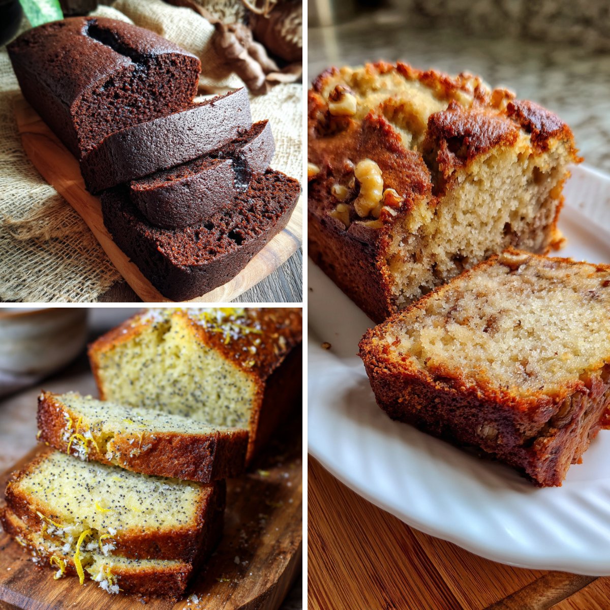 Assortiment de trois cakes sans sucre : chocolat, banane/noix et citron/pavot.