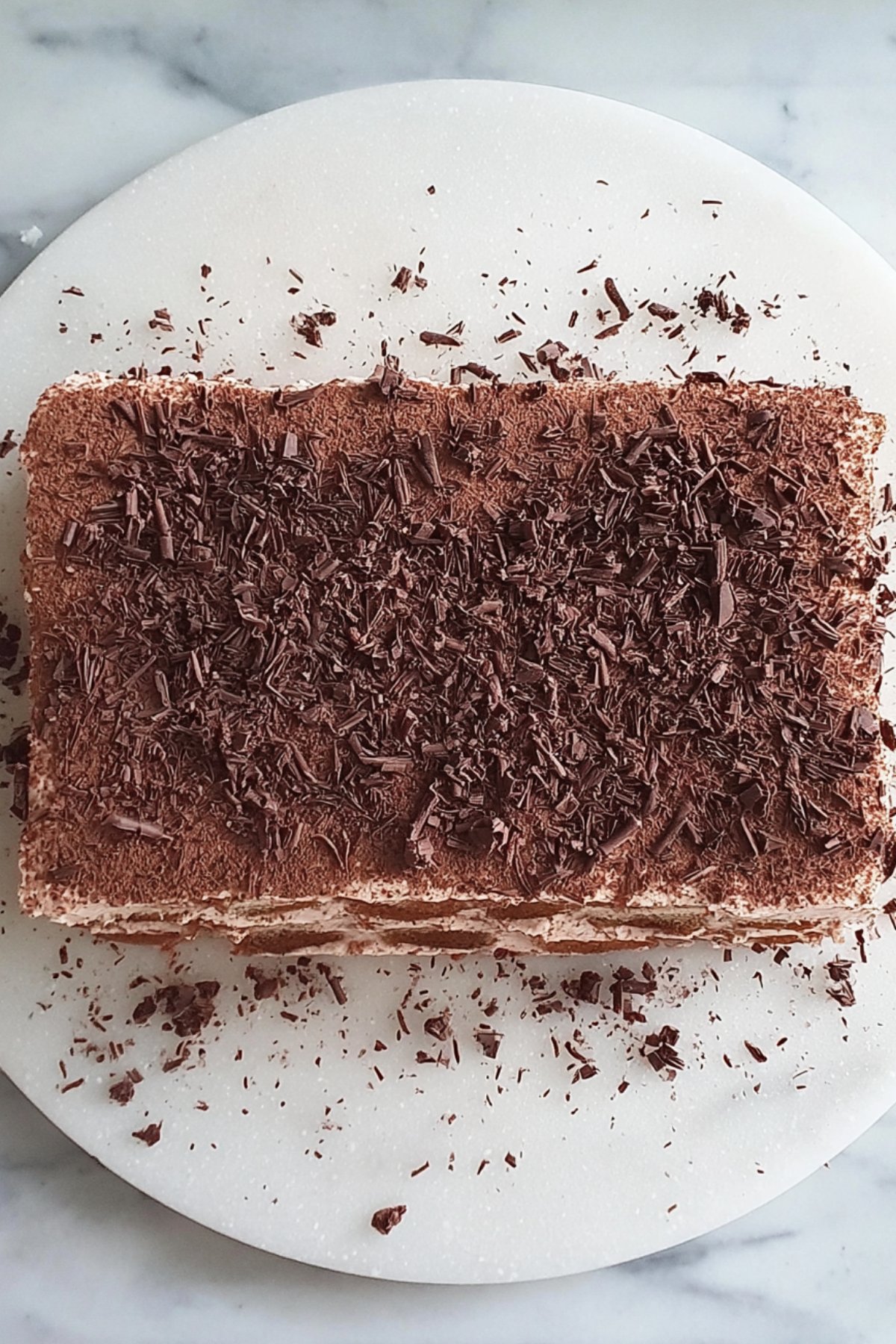 Vue de dessus d'un gâteau chocolat petit beurre recouvert de copeaux de chocolat noir.