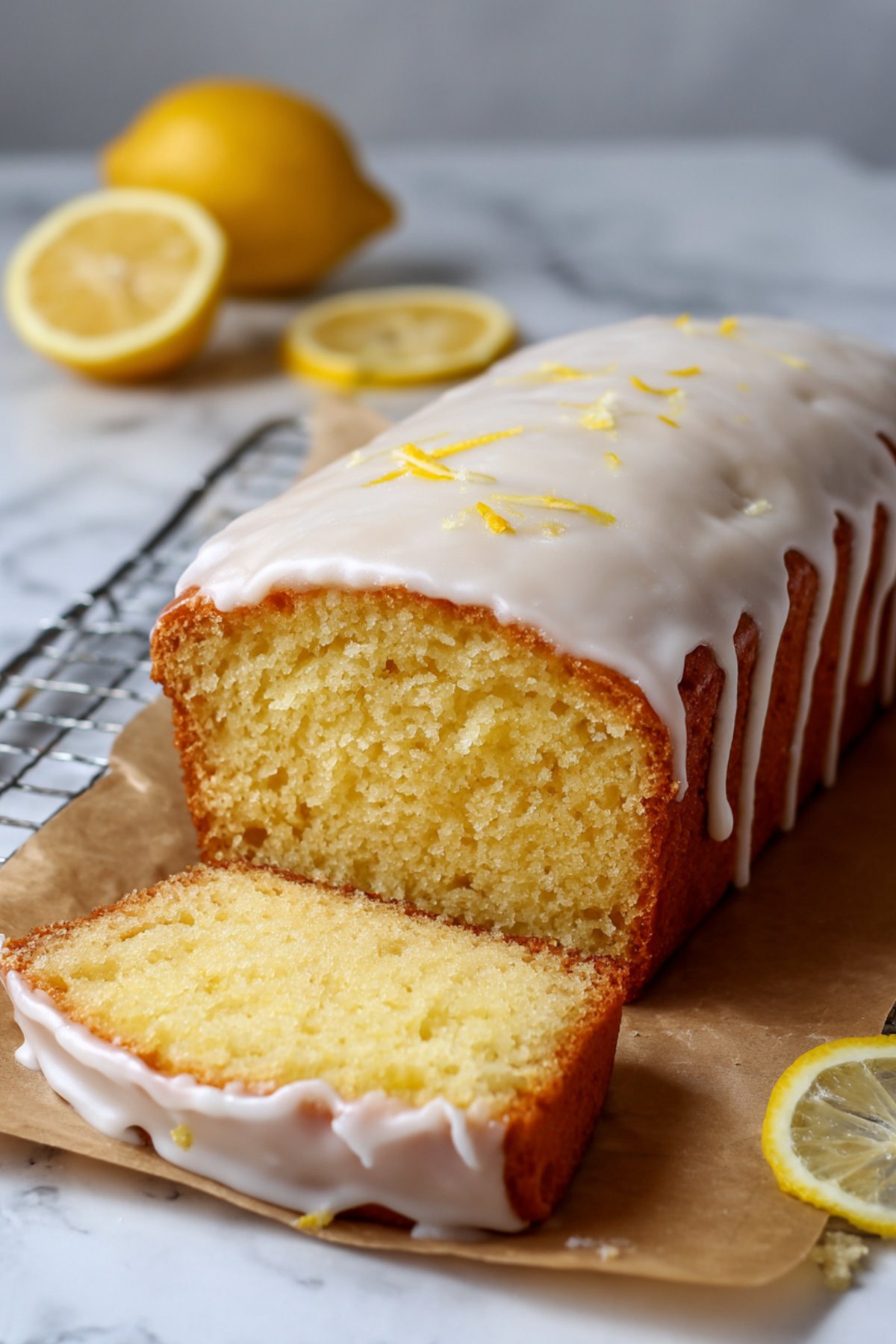 Gâteau citron sans gluten facile, nappé d’un glaçage au sucre glace et décoré de zestes de citron.