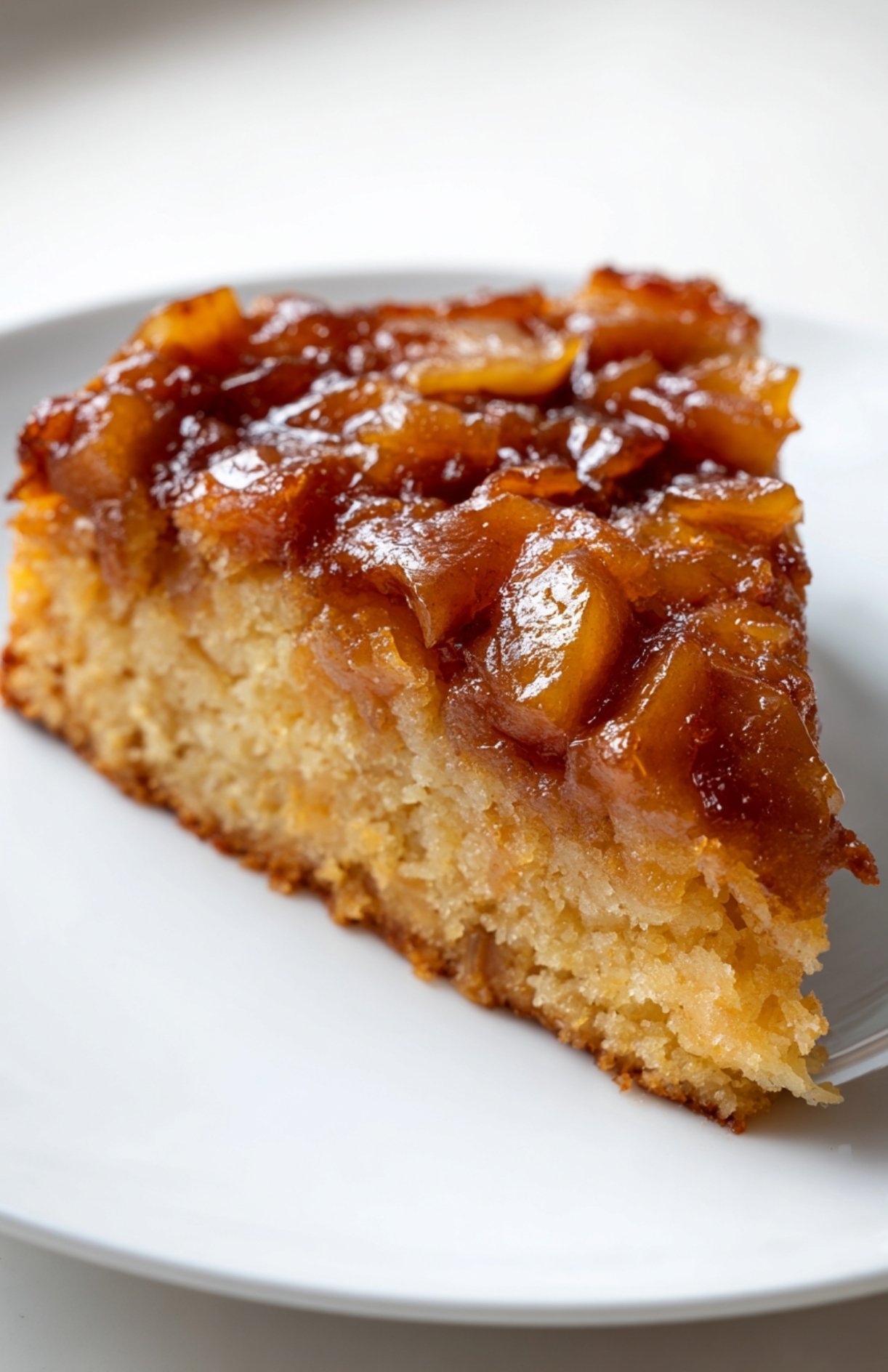 Part de gâteau compote de pomme moelleux servie sur une assiette blanche