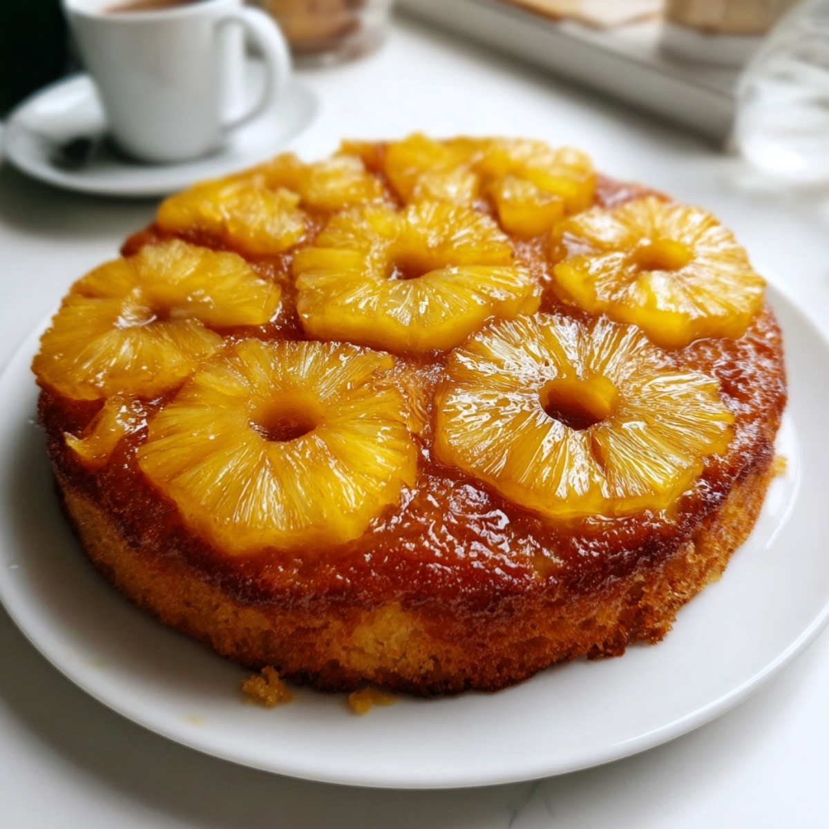 Gâteau ananas végétalien prêt à servir avec café