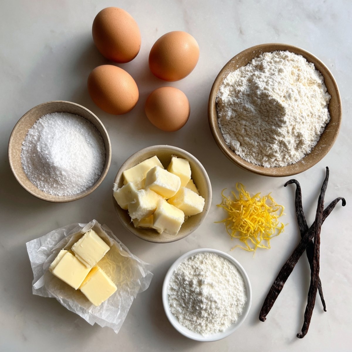 Ingredients for homemade madeleines including eggs, flour, butter, sugar, vanilla beans, and lemon zest