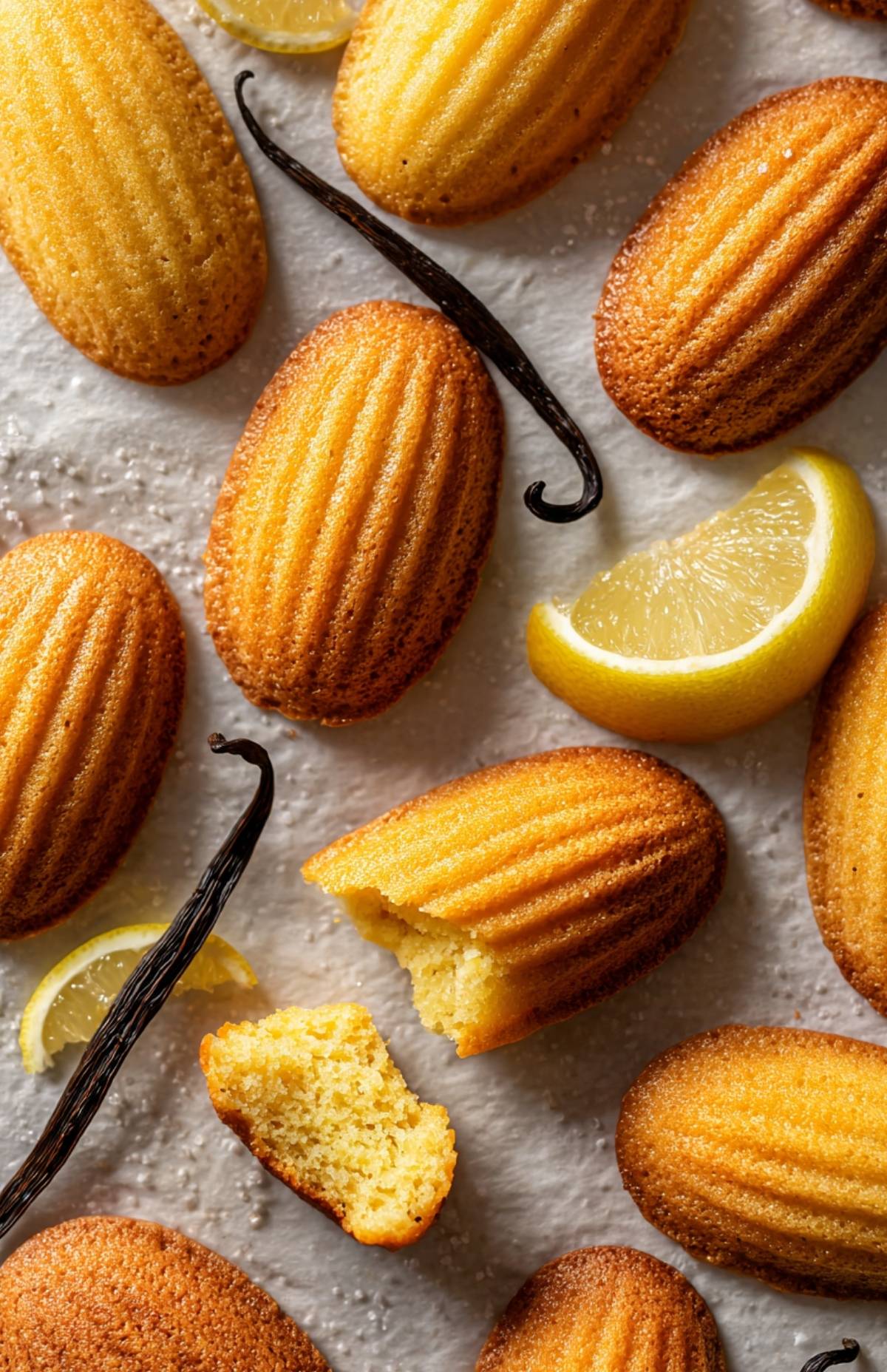 Freshly baked madeleines with vanilla beans and lemon wedges on a textured surface