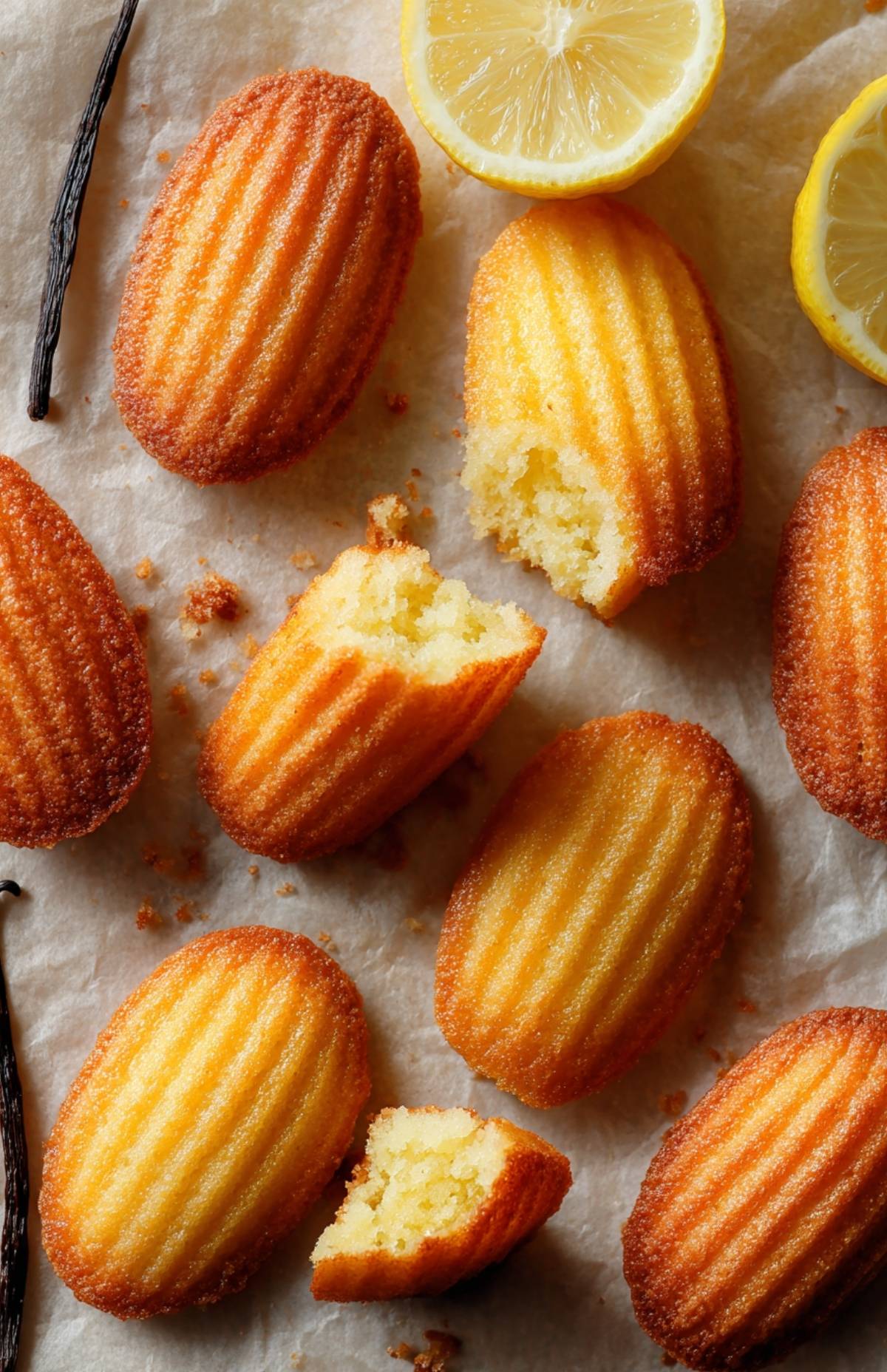 French madeleines served with lemon halves and vanilla beans on parchment paper