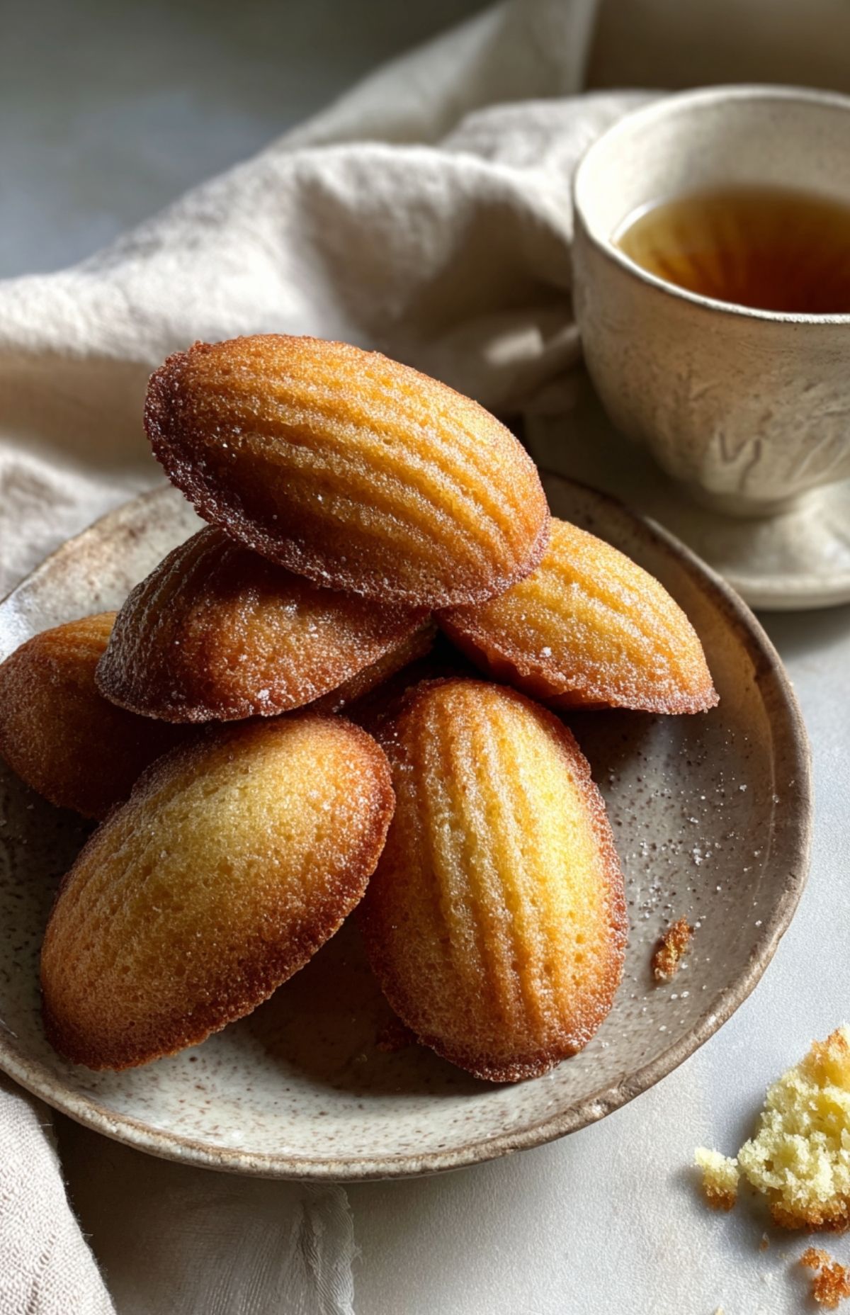 Plate of golden madeleines dusted with sugar served with a cup of tea