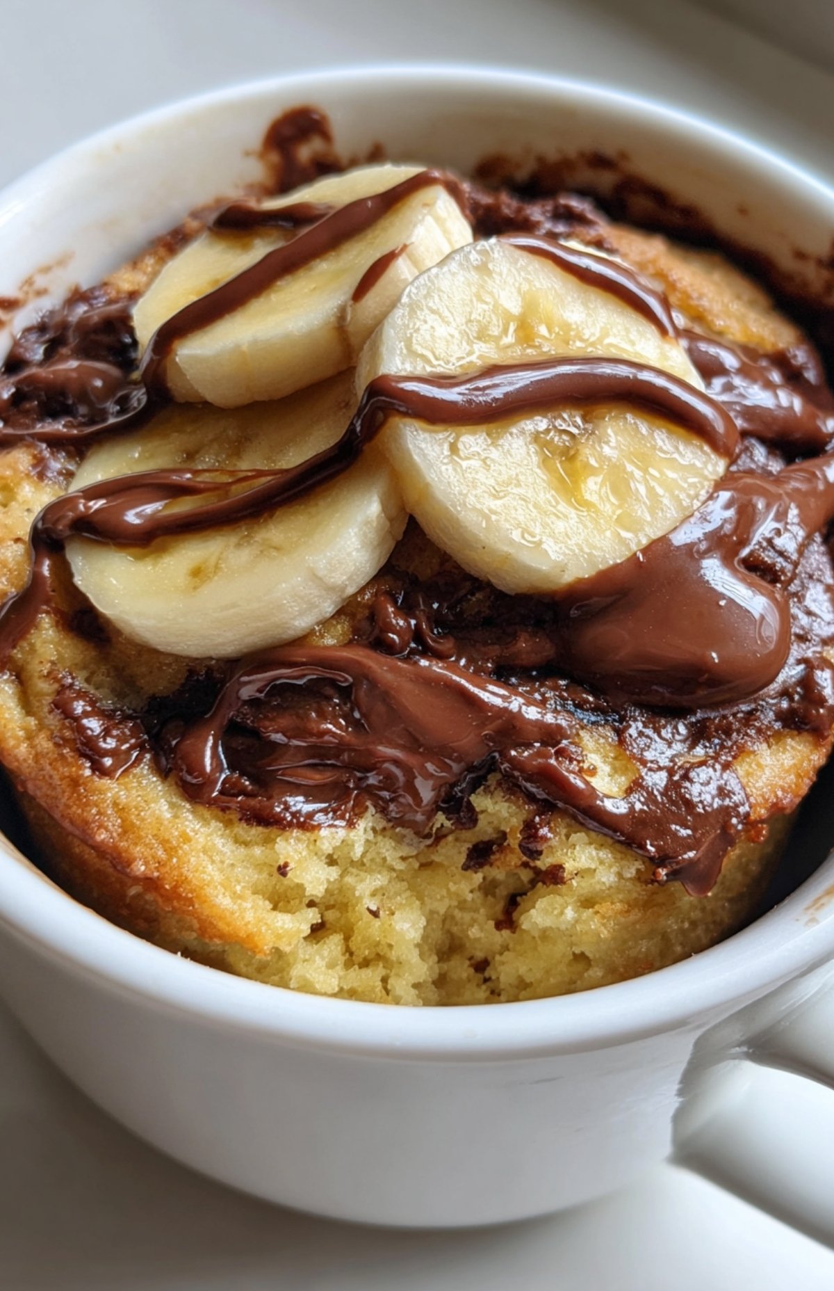 Mug cake banane Nutella cuit, décoré de rondelles de banane et chocolat fondant