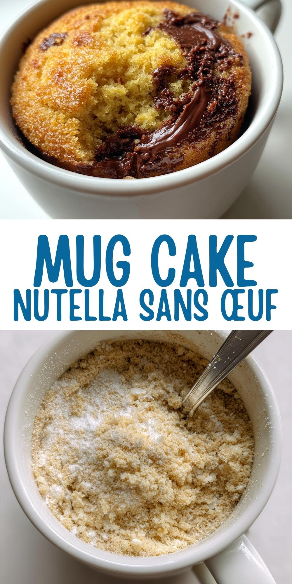 Recette visuelle de mug cake Nutella sans œuf montrant ingrédients secs et gâteau moelleux au Nutella