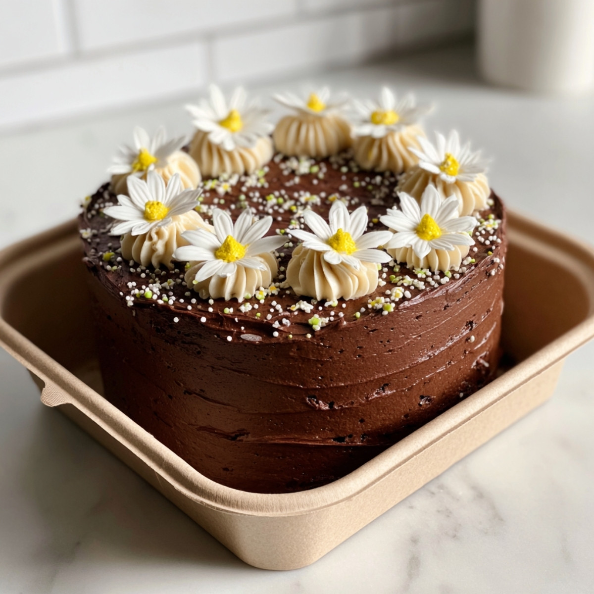 Bento cake simple au chocolat décoré de fleurs blanches en crème au beurre, gâteau kawaii maison dans une boîte en carton.