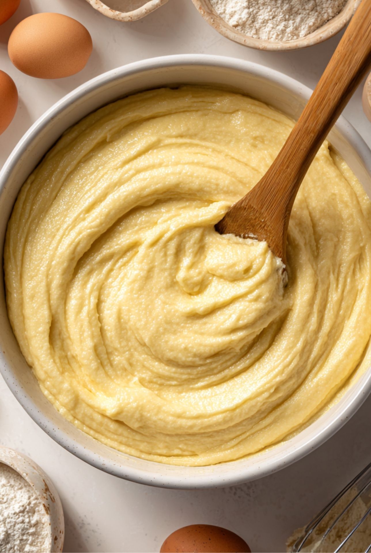 Préparation de la pâte du gâteau yaourt ananas sans sucre avec farine, œufs et yaourt dans un grand saladier.