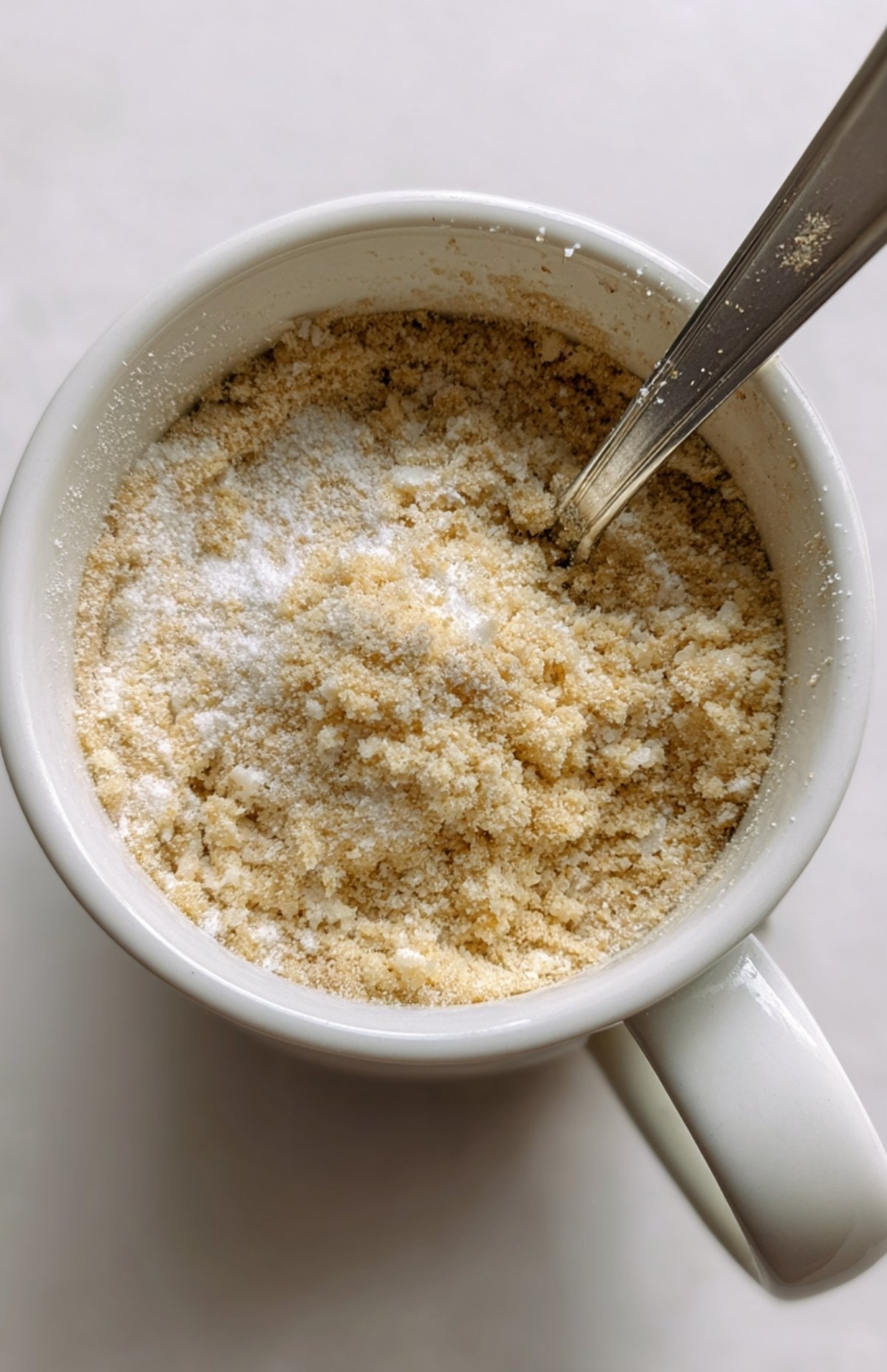 Ingrédients secs pour mug cake Nutella sans œuf mélangés directement dans une tasse blanche