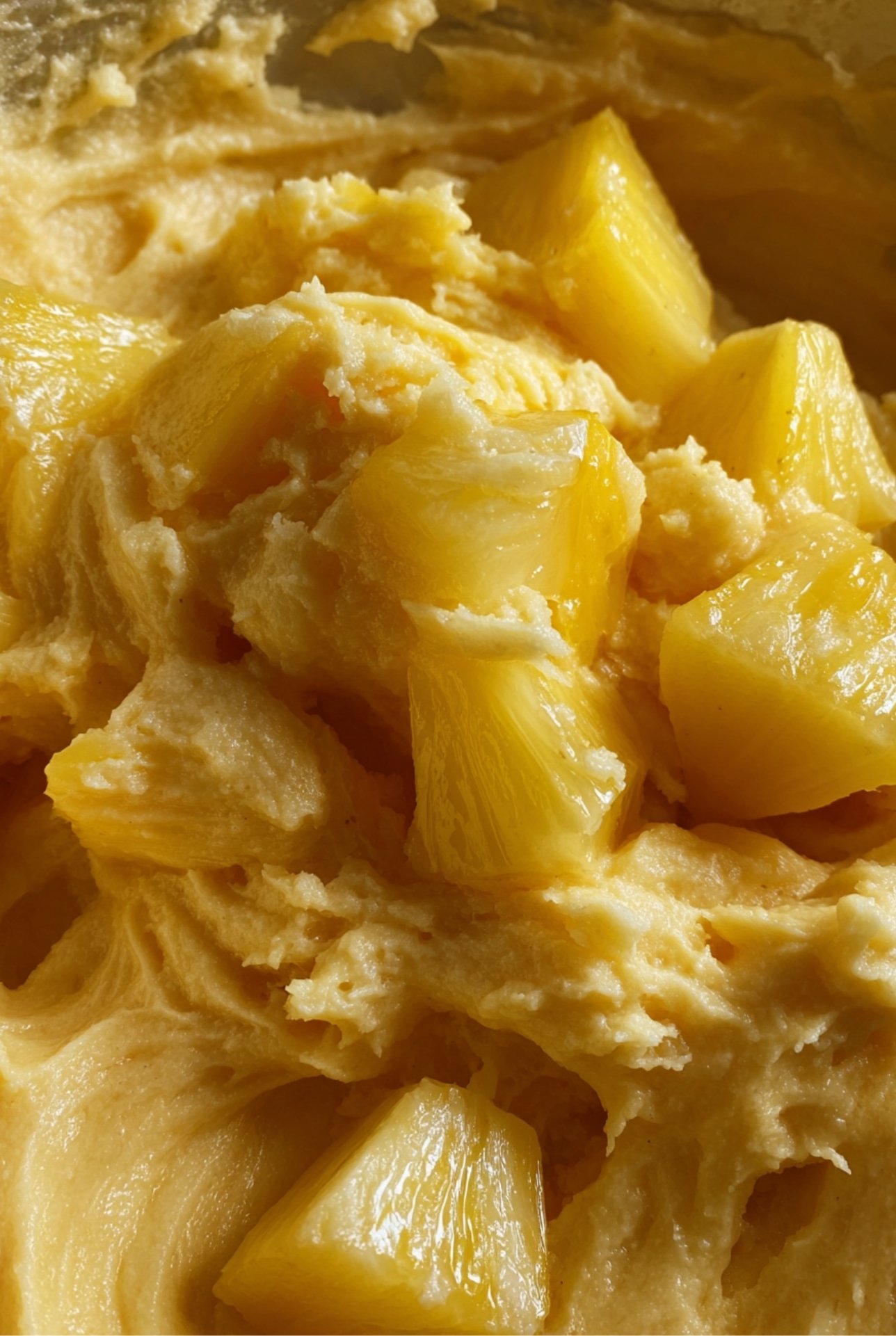 Pâte onctueuse du gâteau yaourt ananas sans sucre avant l'ajout des morceaux d'ananas.