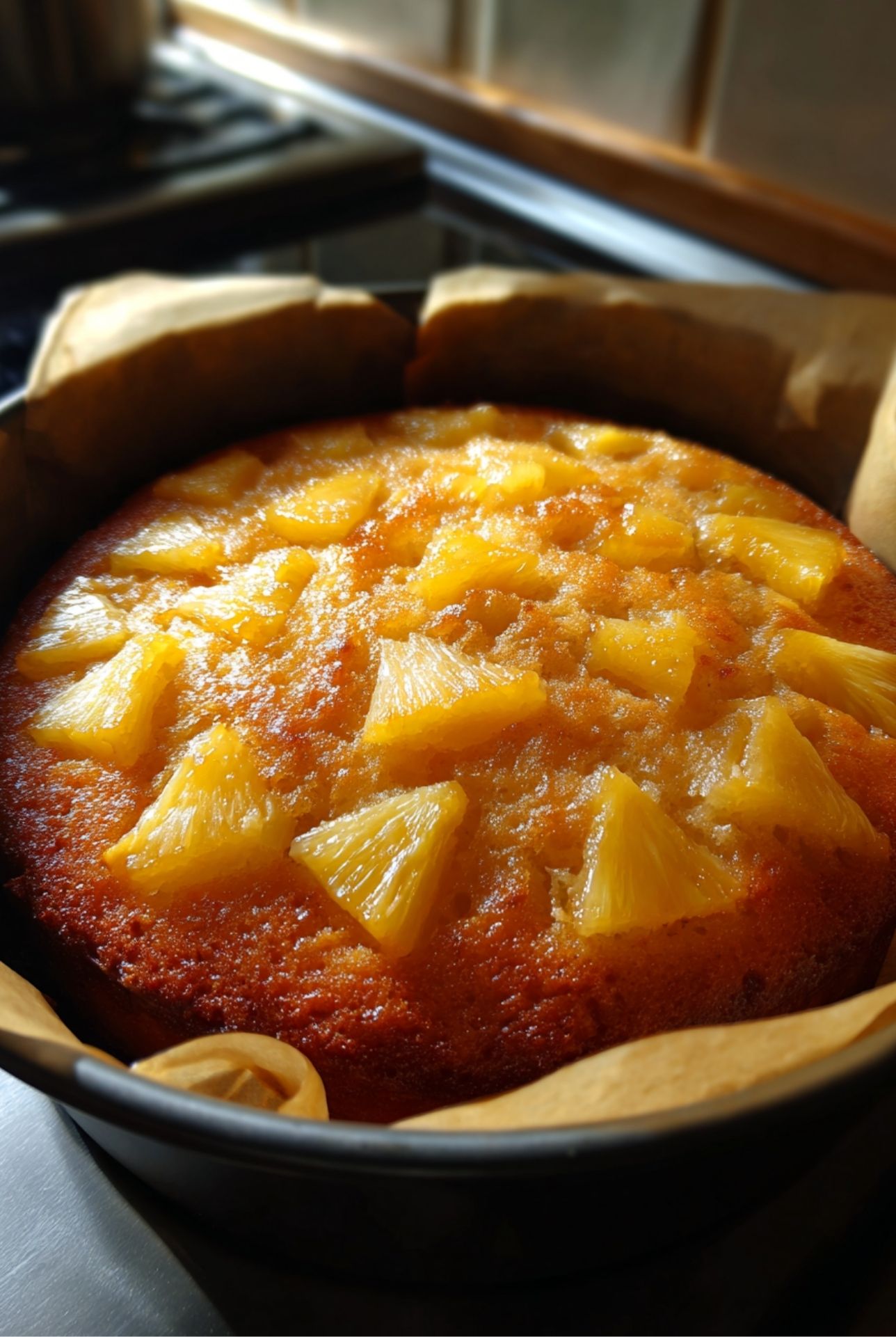 Morceaux d'ananas incorporés dans la pâte du gâteau yaourt ananas sans sucre.