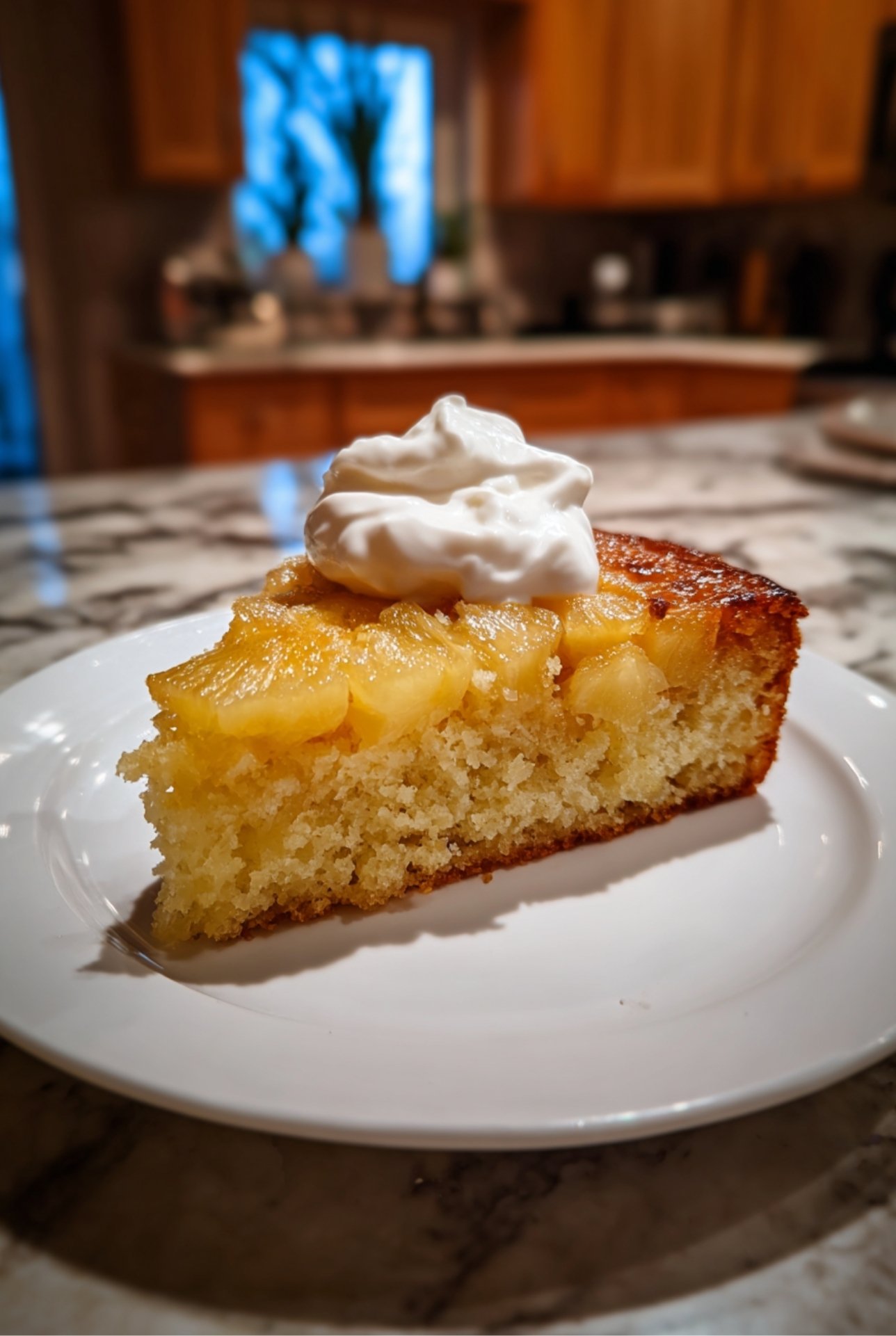 Gâteau yaourt ananas sans sucre doré et moelleux, fraîchement sorti du four.