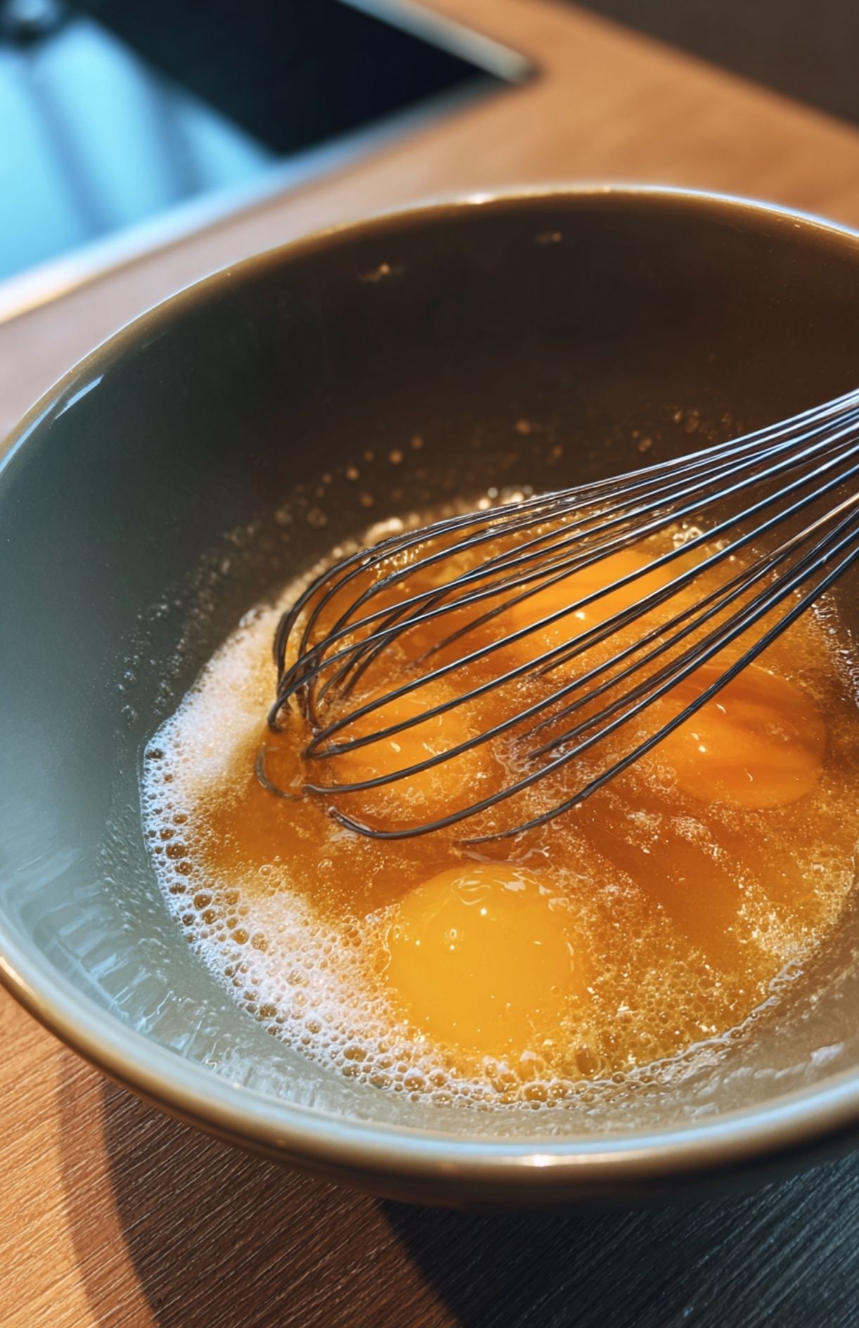 Battre les œufs à la main dans un bol avant utilisation dans la pâte à madeleines Thermomix.