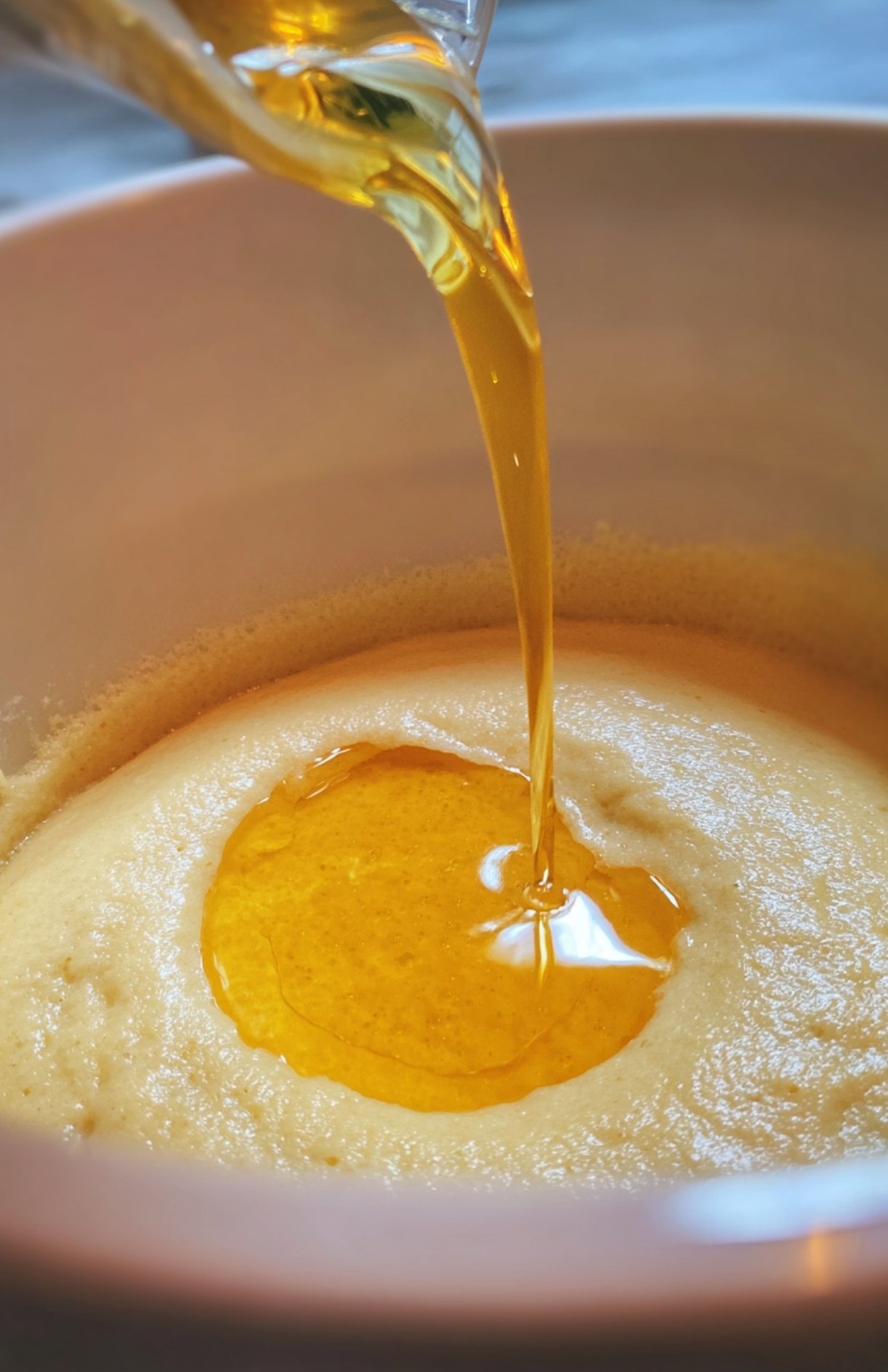 Incorporation de miel liquide dans la pâte pour des madeleines au miel au Thermomix.