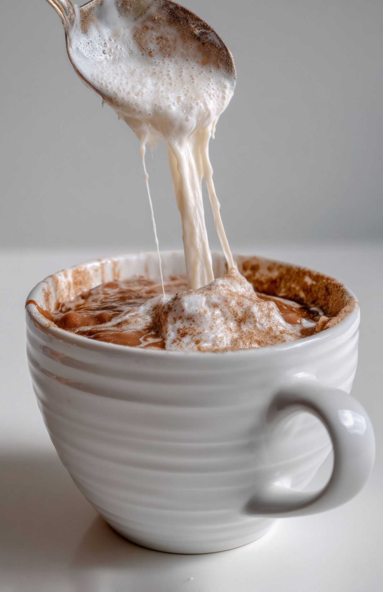 Mug cake au chocolat garni de guimauve fondue, version gourmande sans huile.
