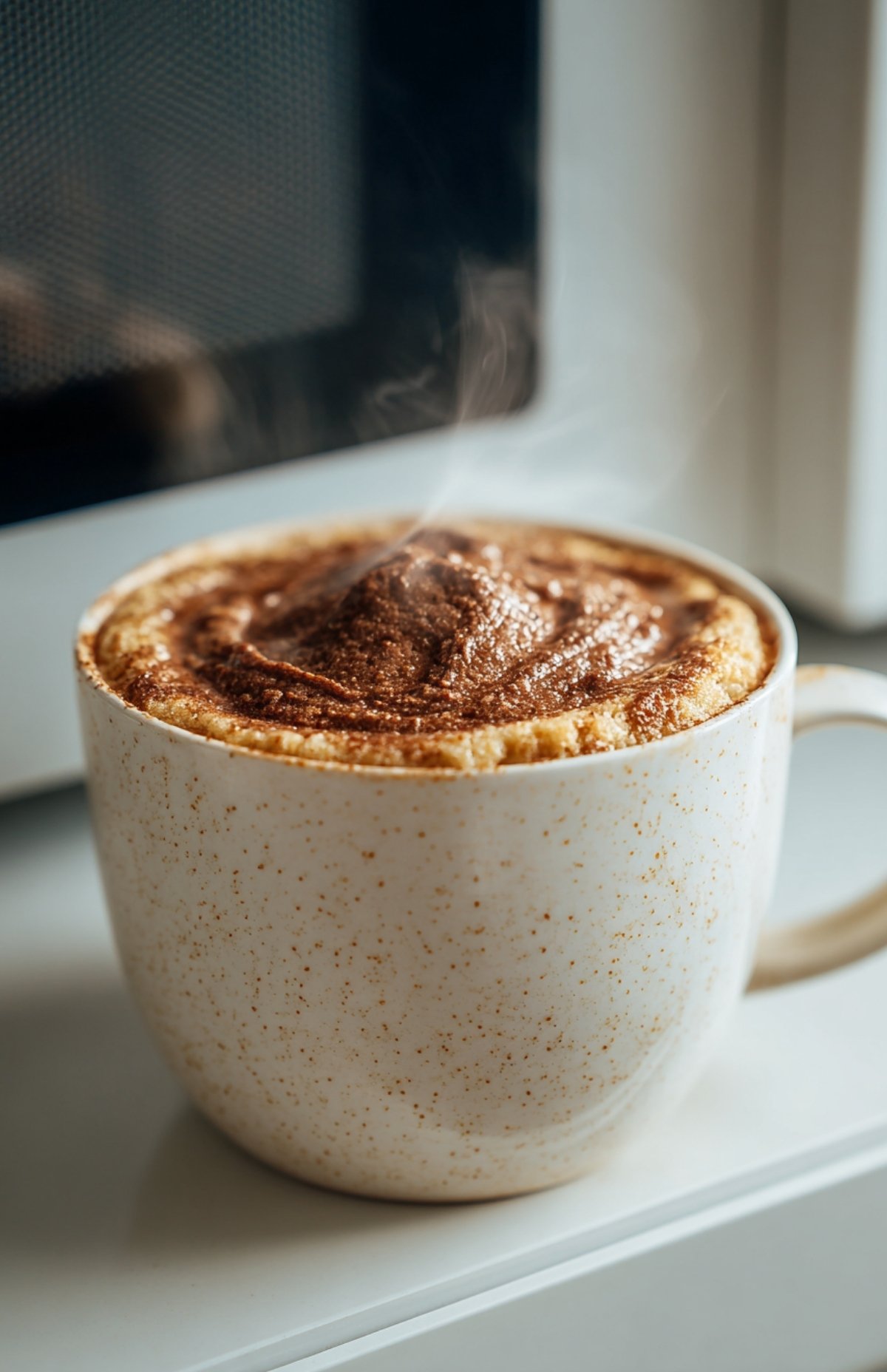 Mug cake Nutella sans œuf tout juste sorti du micro-ondes, encore fumant et moelleux