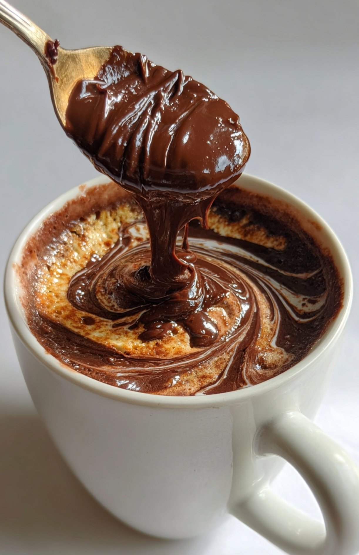 Cuillérée de Nutella fondant au-dessus d'un mug cake sans huile encore chaud.