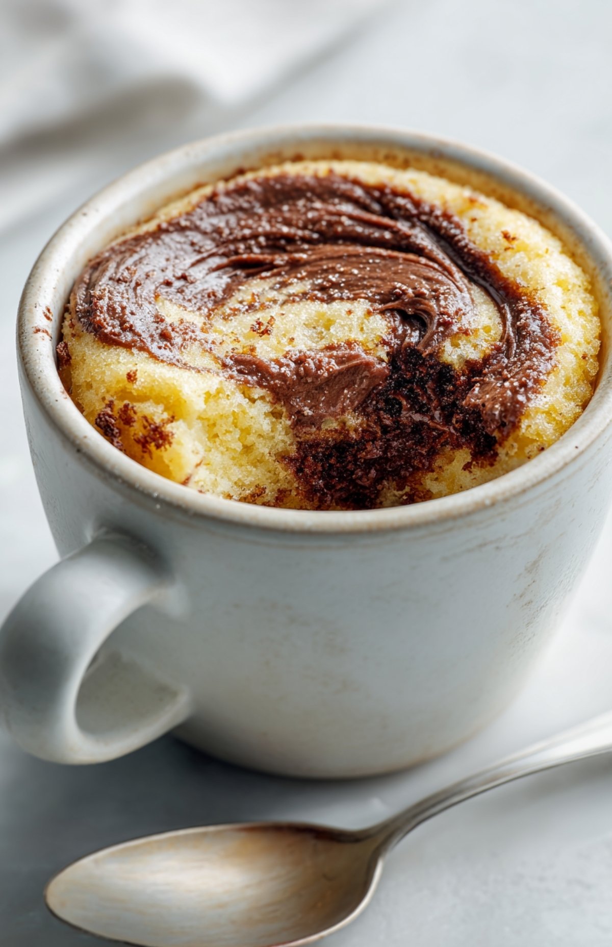 Mug cake Nutella sans œuf bien cuit avec Nutella fondant en surface dans une tasse blanche
