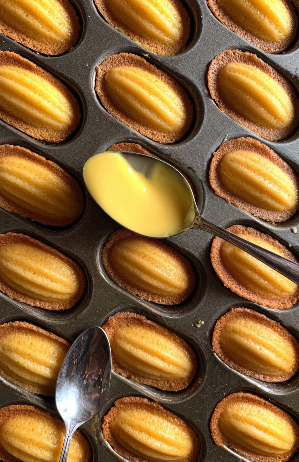 Madeleines cuites dans leur moule, avec ajout de chocolat fondu à la cuillère pour former une coque.