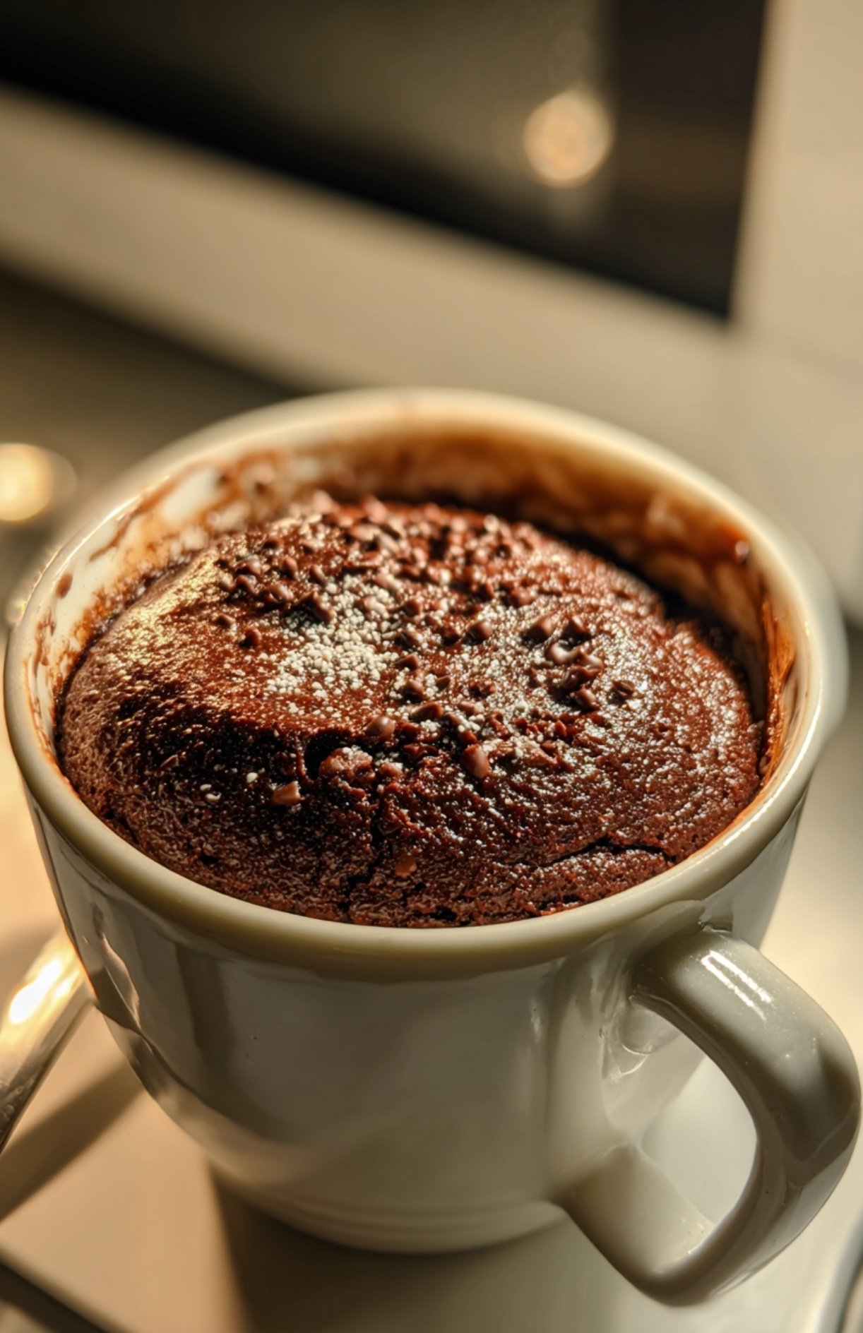 Mug cake Nutella sans huile bien gonflé, prêt à être dégusté, dans une tasse blanche.