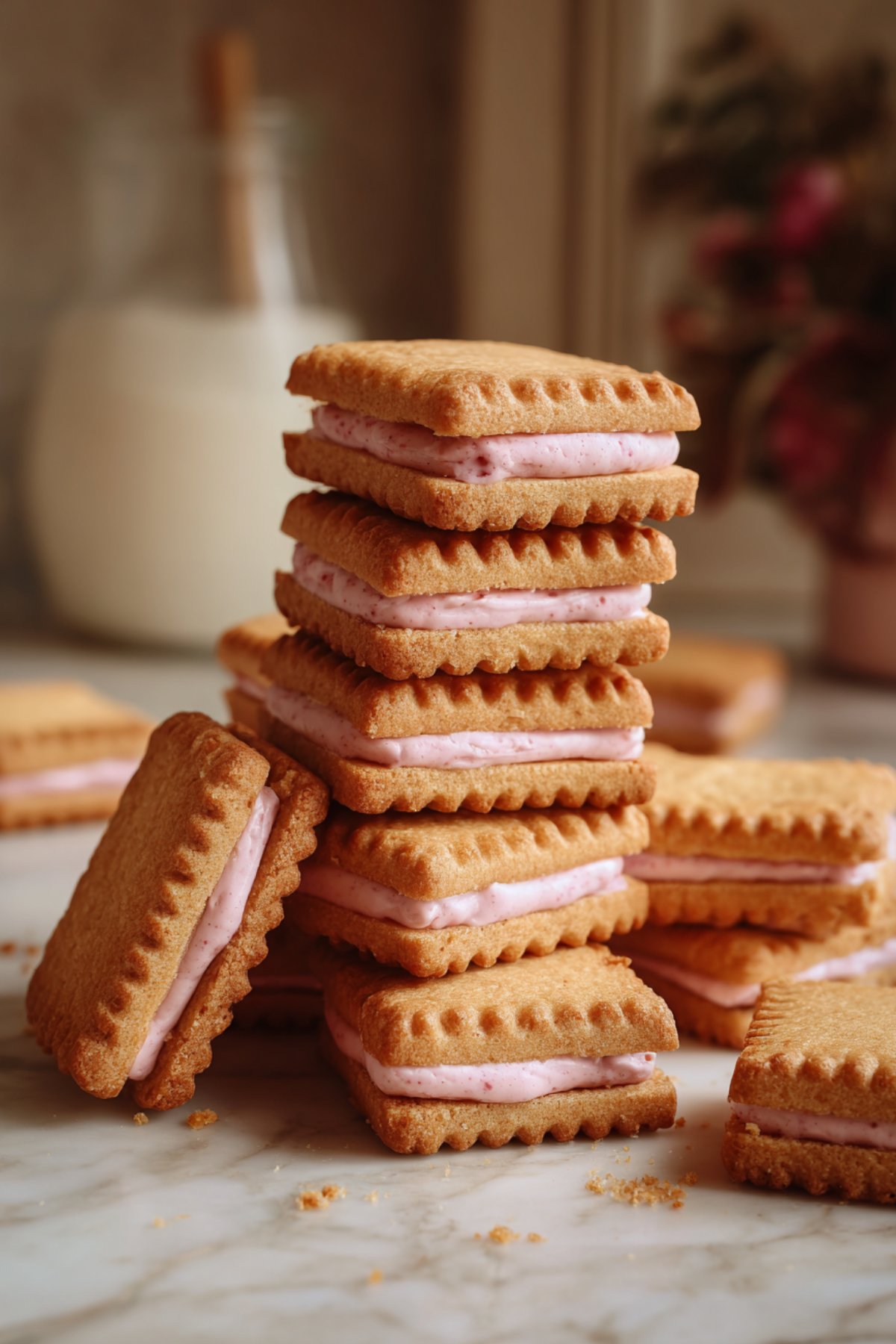 Biscuit petit beurre maison croqué montrant la garniture rose à la fraise au centre.
