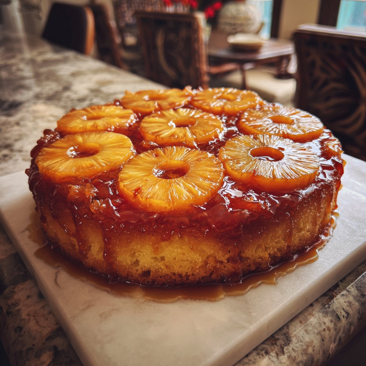 Gâteau yaourt ananas caramélisé maison prêt à servir, nappage doré et fruit bien visible.