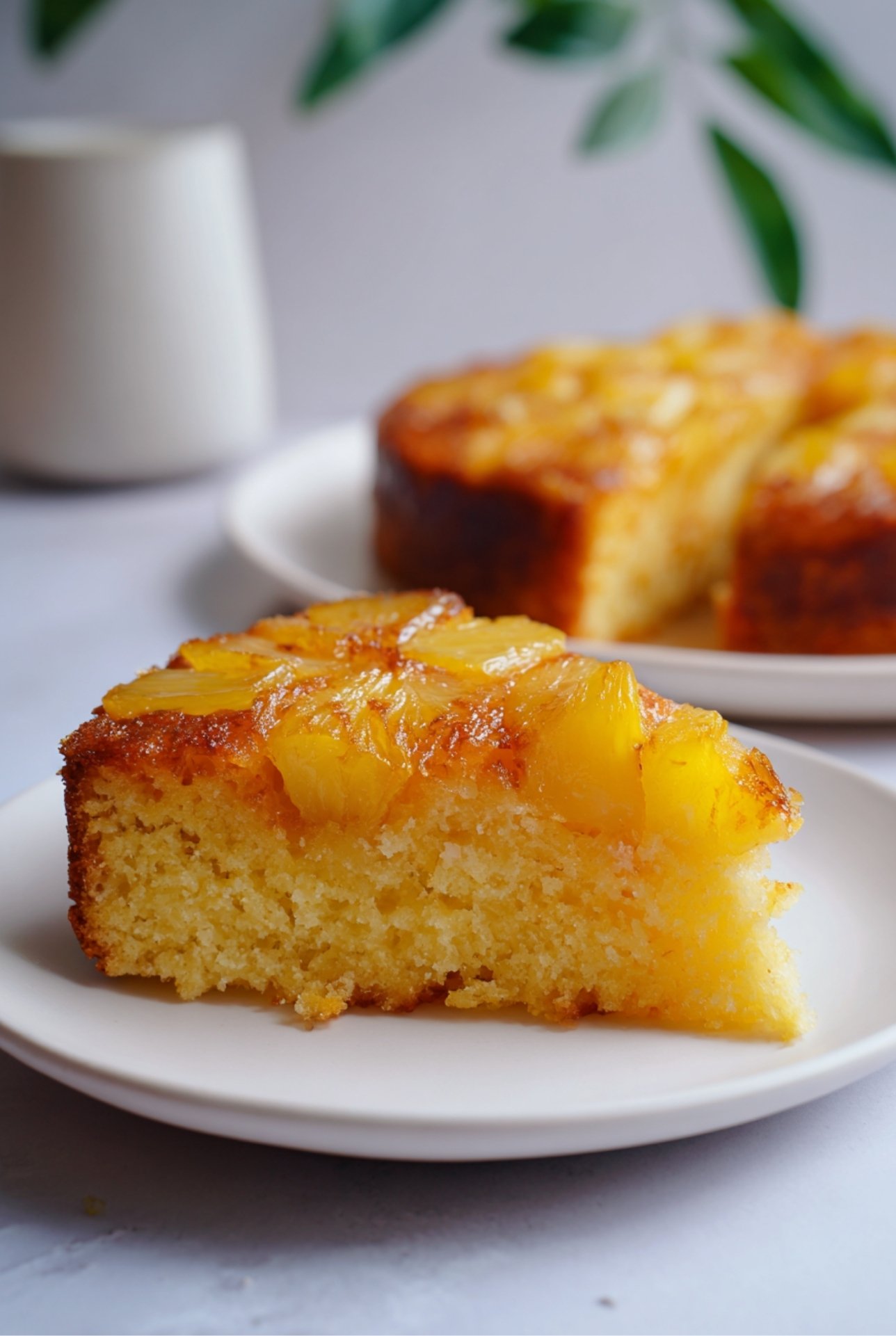 Part de gâteau à l'ananas au yaourt sans œuf, dessert maison fruité et léger