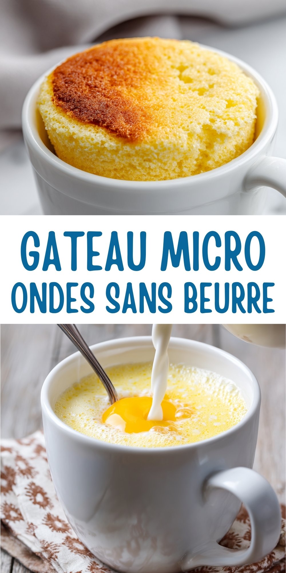 Gâteau micro-ondes sans beurre moelleux dans un mug blanc, dessert rapide et facile.