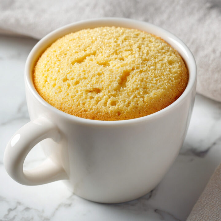 Recette gâteau micro-ondes sans beurre cuit dans un mug blanc, dessert maison rapide.