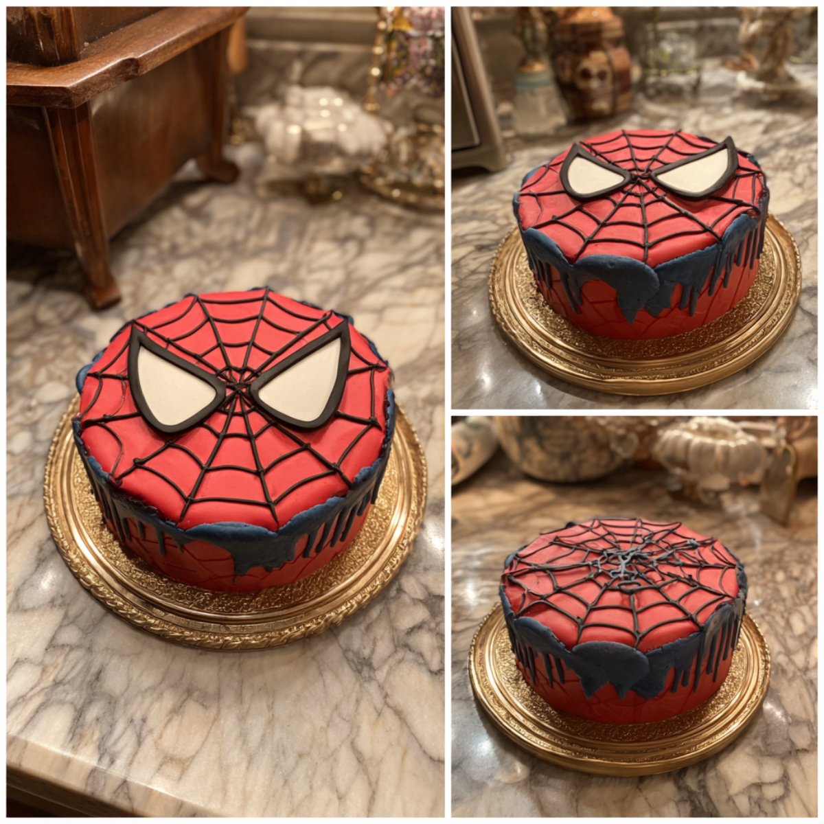 spiderman maison rouges et bleus avec décoration toile d’araignée