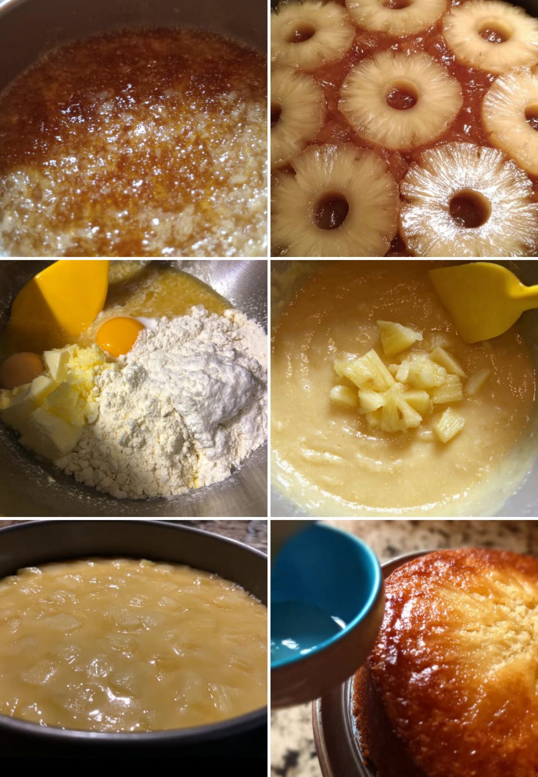 Étapes de préparation du gâteau yaourt ananas caramélisé - caramel maison, tranches d'ananas, pâte au yaourt, et cuisson.