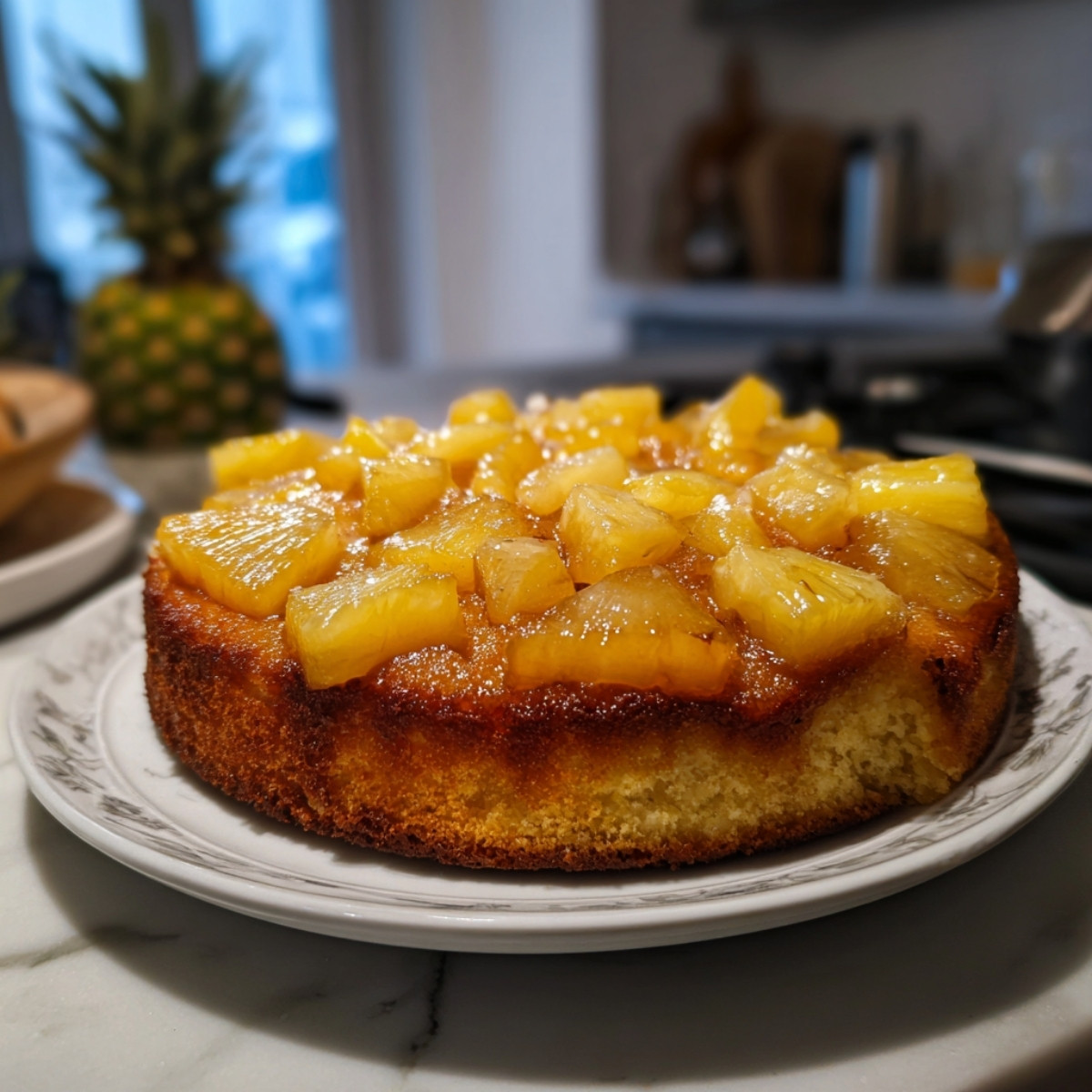 Gâteau yaourt ananas sans sucre maison, moelleux et doré, décoré de morceaux d'ananas caramélisés.