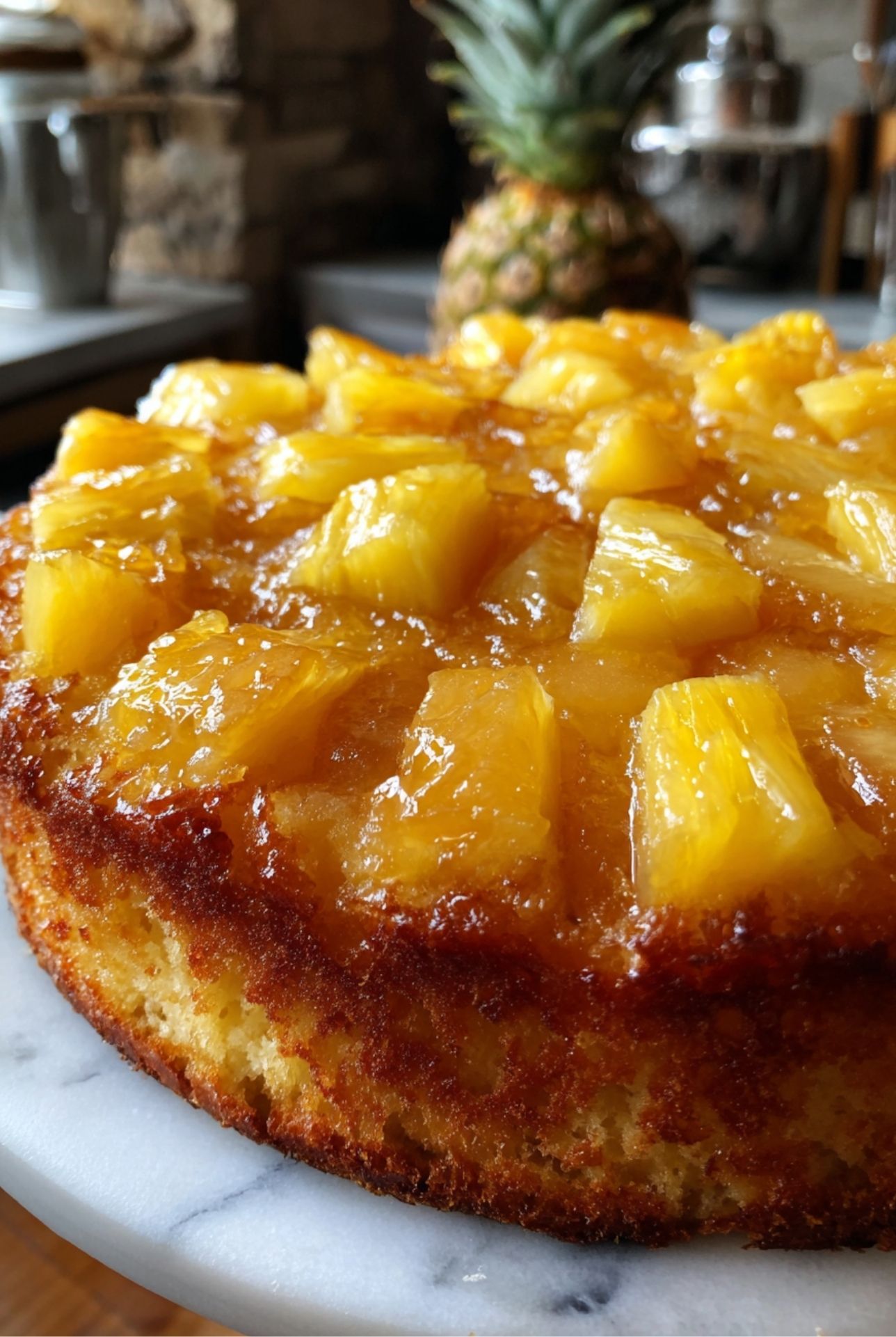 Part de gâteau yaourt ananas sans sucre servie avec une touche de crème fouettée.