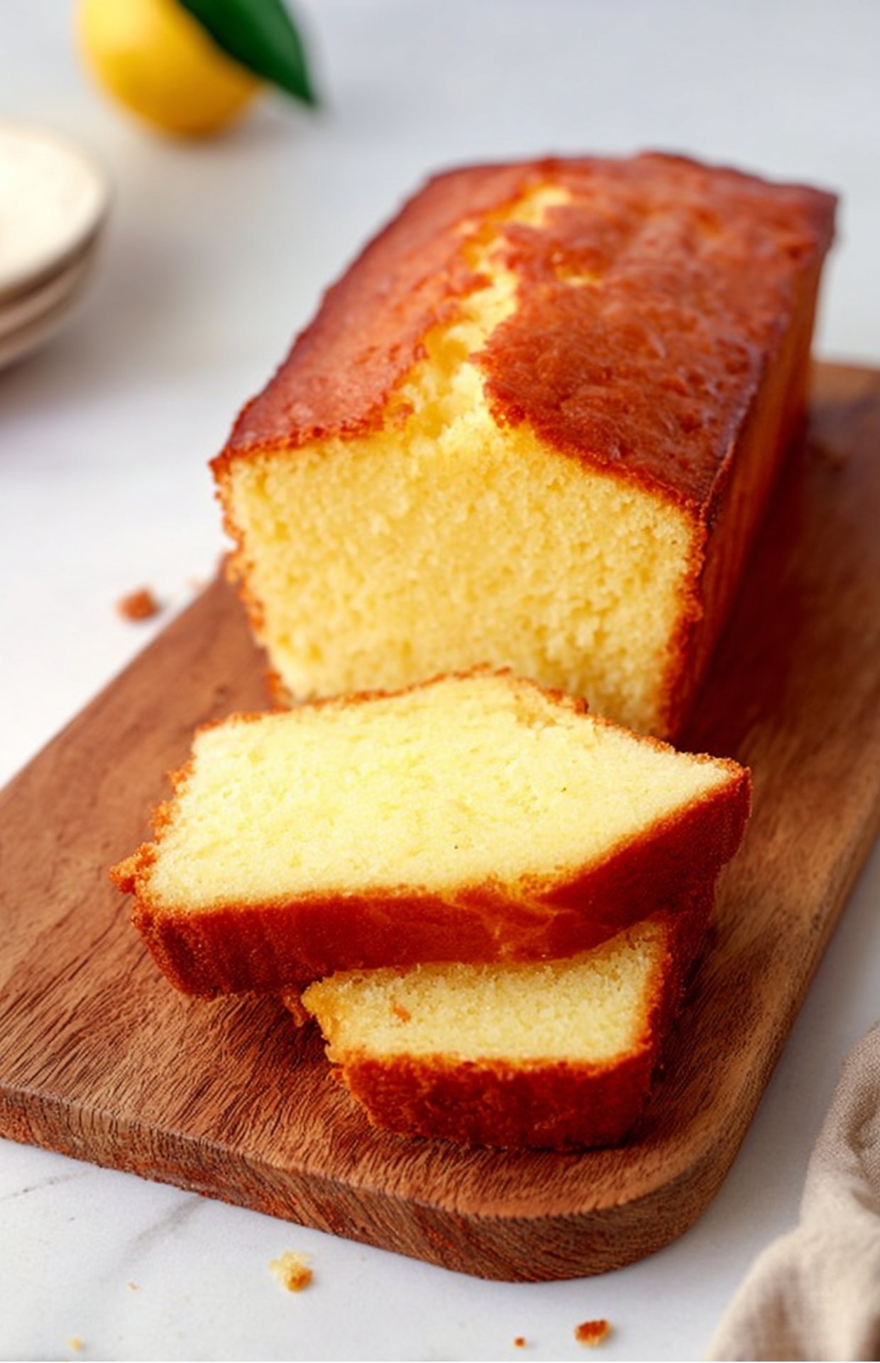 Tranche de gâteau yaourt citron moelleuse posée sur une planche en bois