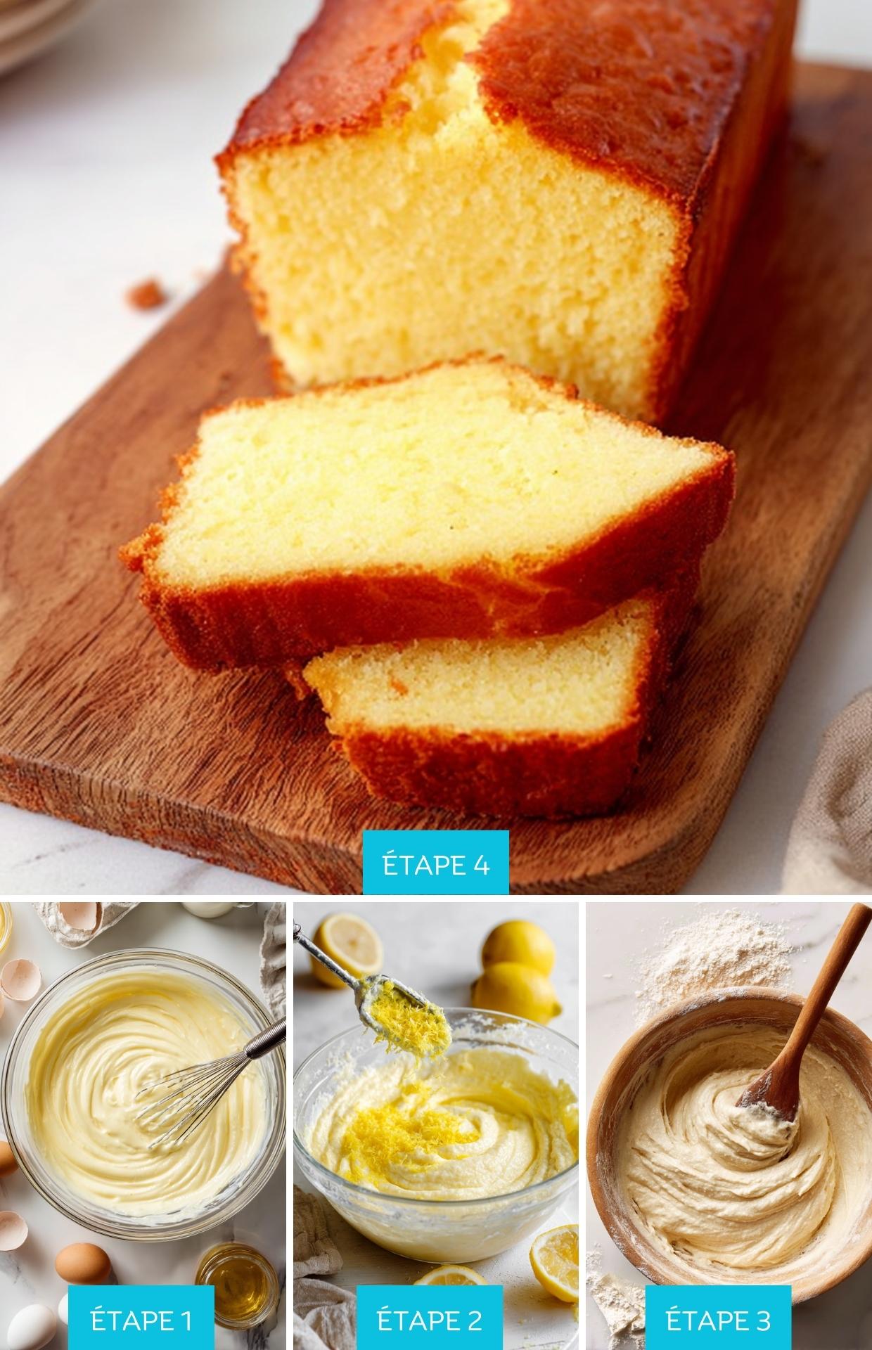 Étapes de préparation du gâteau yaourt citron : mélange, zeste et pâte