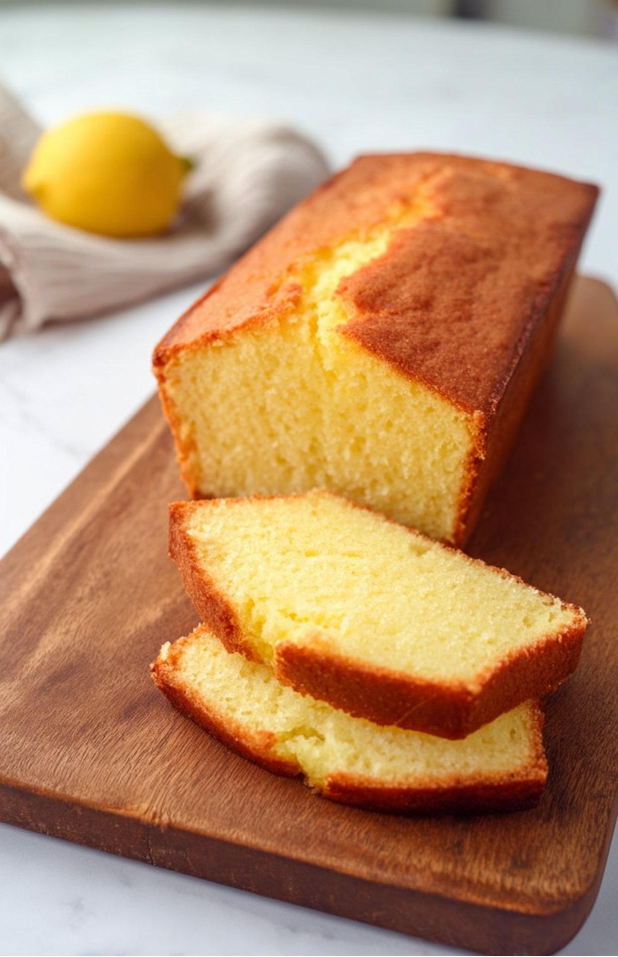Gâteau yaourt citron entier doré, tranches prêtes à servir sur planche