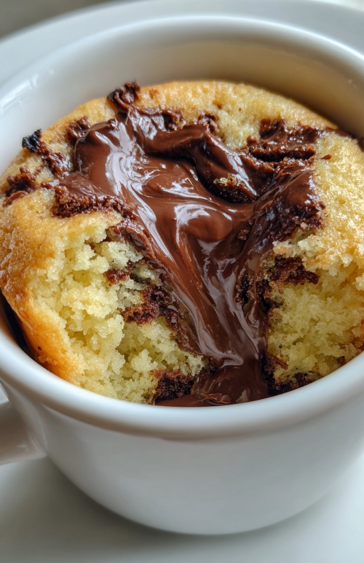 Texture moelleuse et Nutella coulant au centre d'un mug cake sans œuf fraîchement cuit