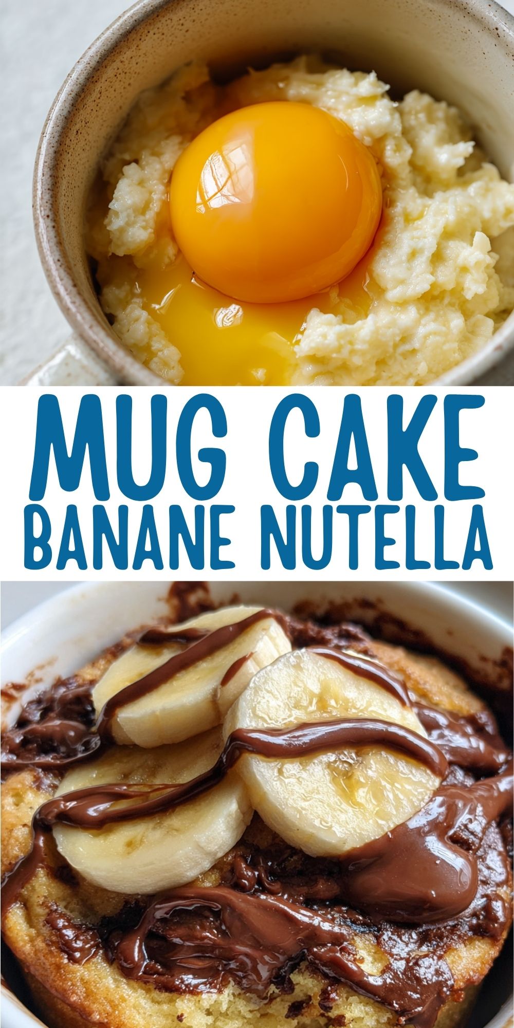 Recette mug cake banane Nutella étape avec œuf et banane dans un mug