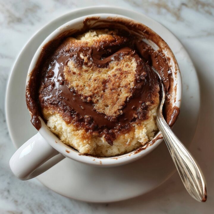 Mug cake chocolat minute au micro-ondes sans beurre, pépites et vapeur, cuillère dedans.