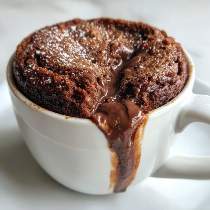 Mug cake Nutella coulant sans huile, avec chocolat fondant qui déborde.