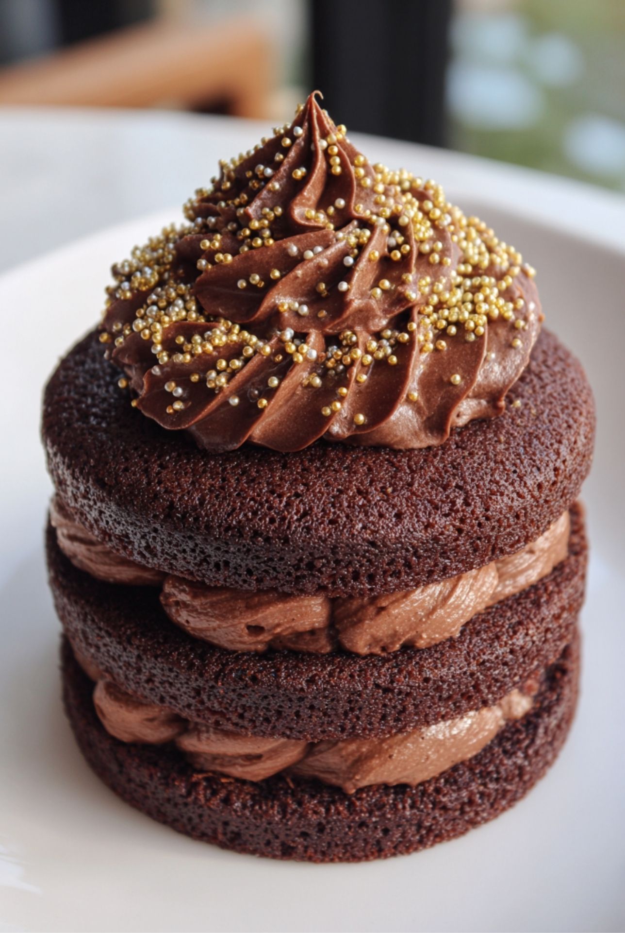Bento cake moelleux au chocolat, garni de crémage généreux et décoré de perles dorées, vue rapprochée.